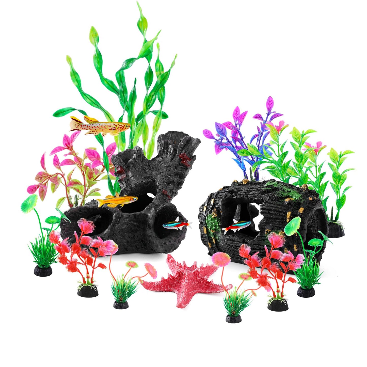 TOKCAM 14pcs Fish Tank Decorations Set, Aquarium Decor Driftwood, Resin Fish Broken Barrel and Artificial Plastic Plants, Fish Bowl Ornaments Betta Tank Hideout Accessories