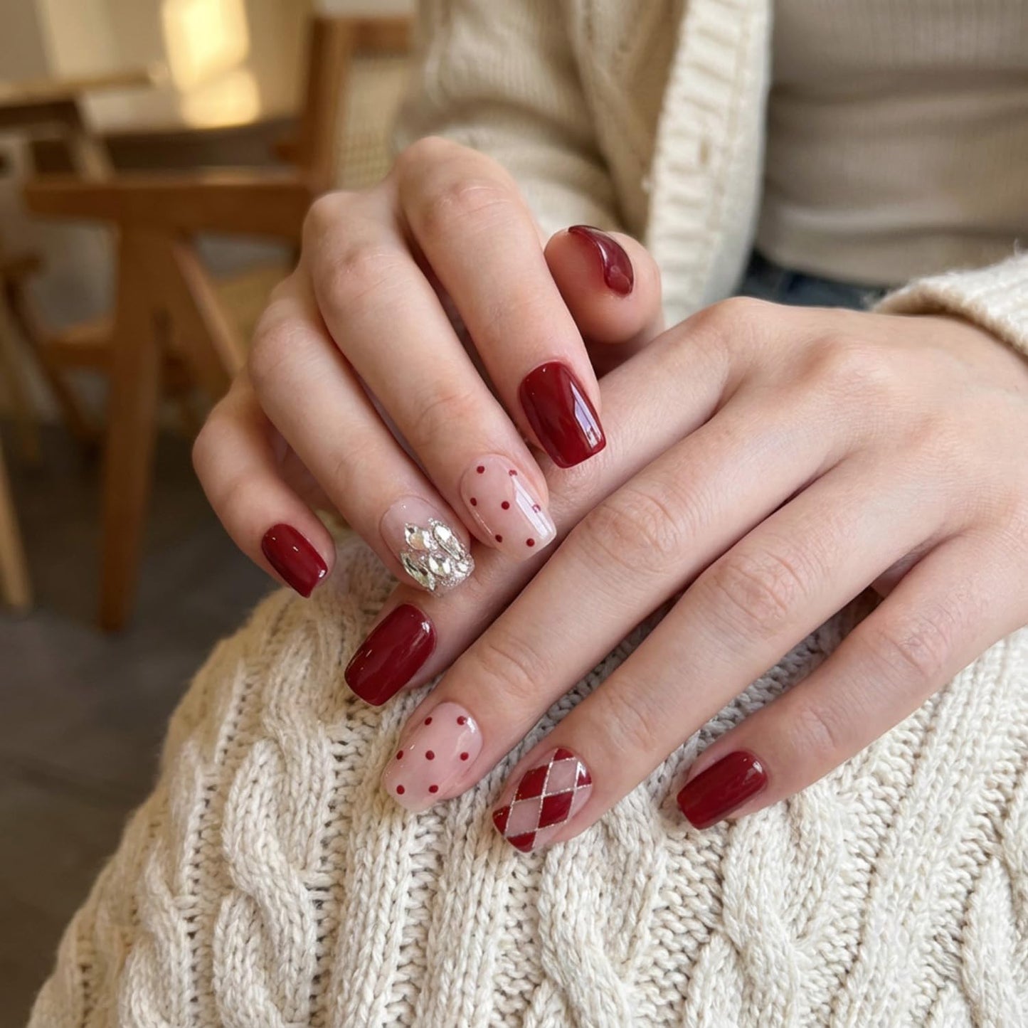 Red Nude Press On Nails with Argyle & Polka Dot Design, Glossy Wine Red Square False Nails, Elegant Short Medium Fake Nails for Women, 30PCS Set (The sizing runs small)