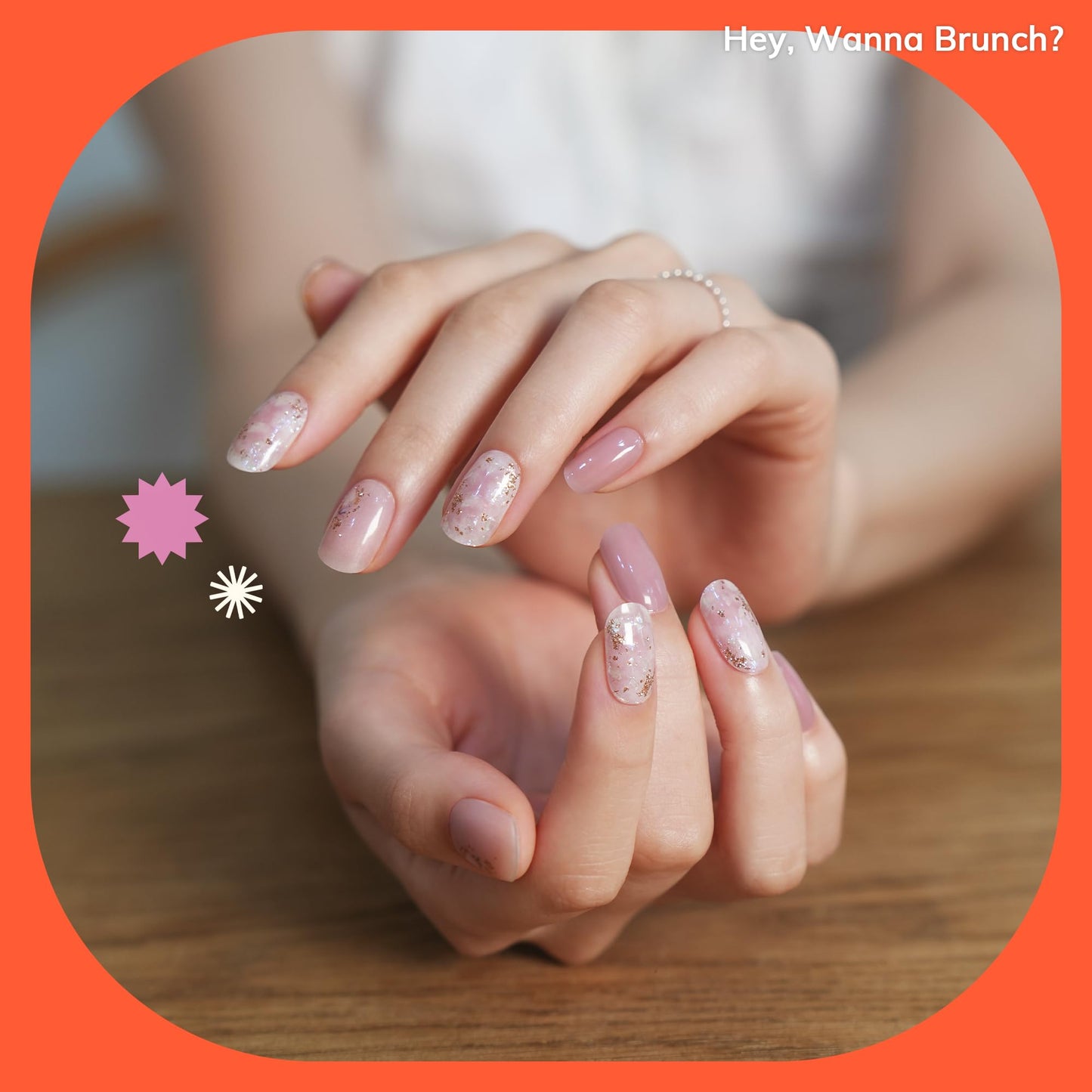 Heyhae Semi Cured Gel Nail Strips | No LED Lamp Needed | Glitter, Pink | Easy Apply & Remove, Salon Quality | Includes 28 Strips, 1 Prep Pads, Nail File & Wooden Stick - Hey, Wanna Brunch?