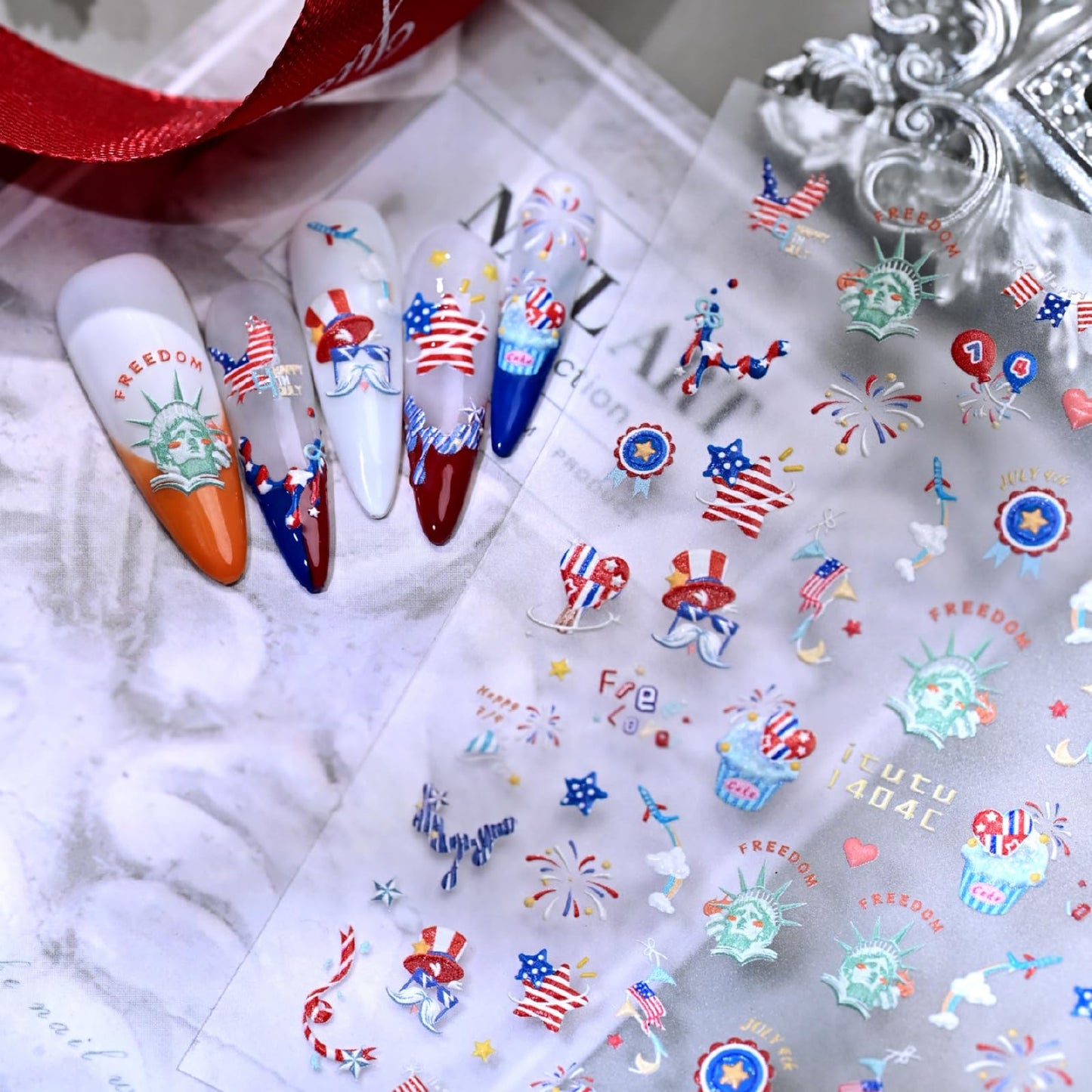 Independence Day Nail Stickers Firework Nail Art Stickers 5D Embossed Nail Decals Self Adhesive with Design Nails Charms Supply Decoration for Women