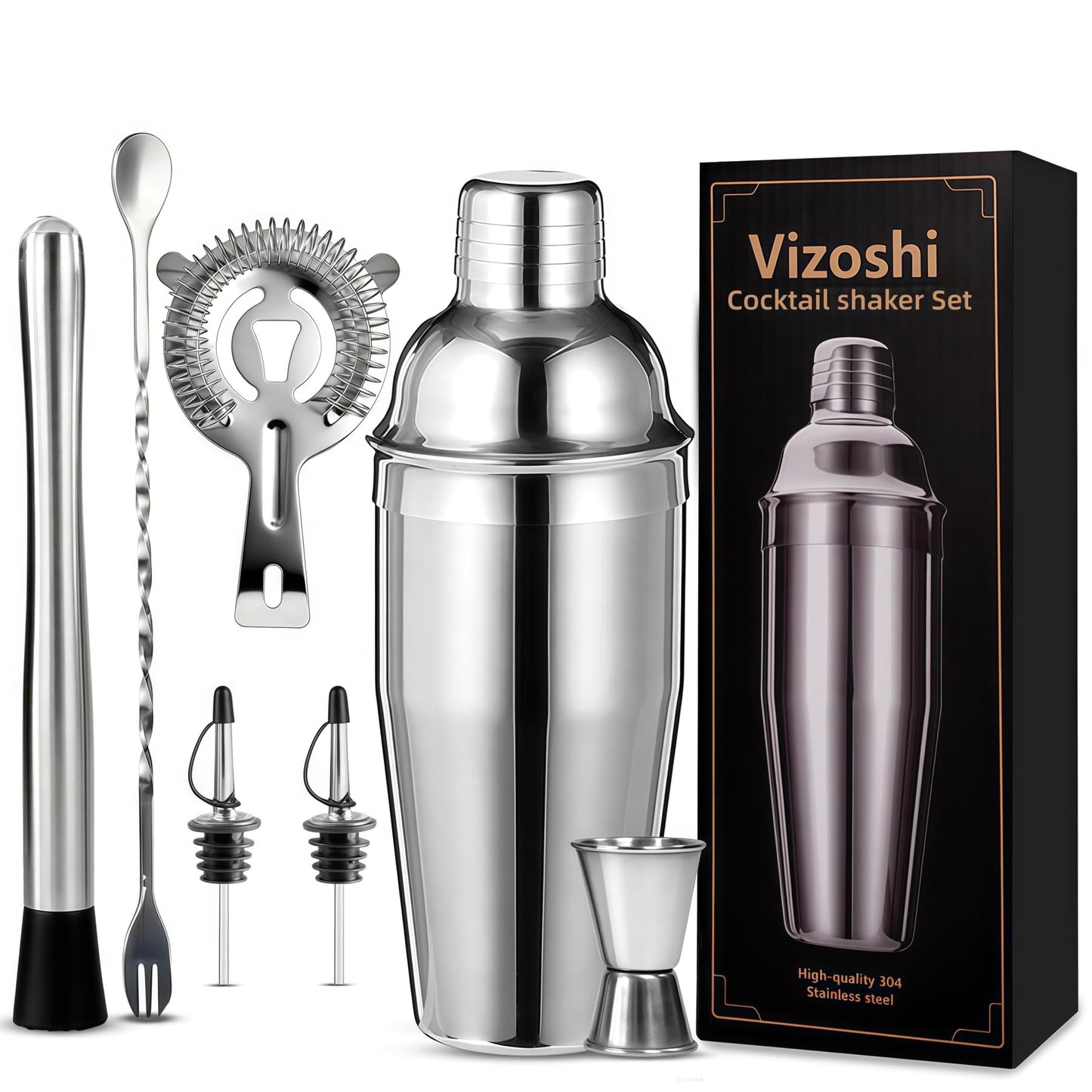 Cocktail Shaker Set Bartender Kit,Professional Bar Set, Martini Shaker, Jigger, Strainer, Mixer Spoon, Muddler, Liquor Pourers Ideal Bar Accessories for Home, Gift for Christmas, Birthday, Beginners