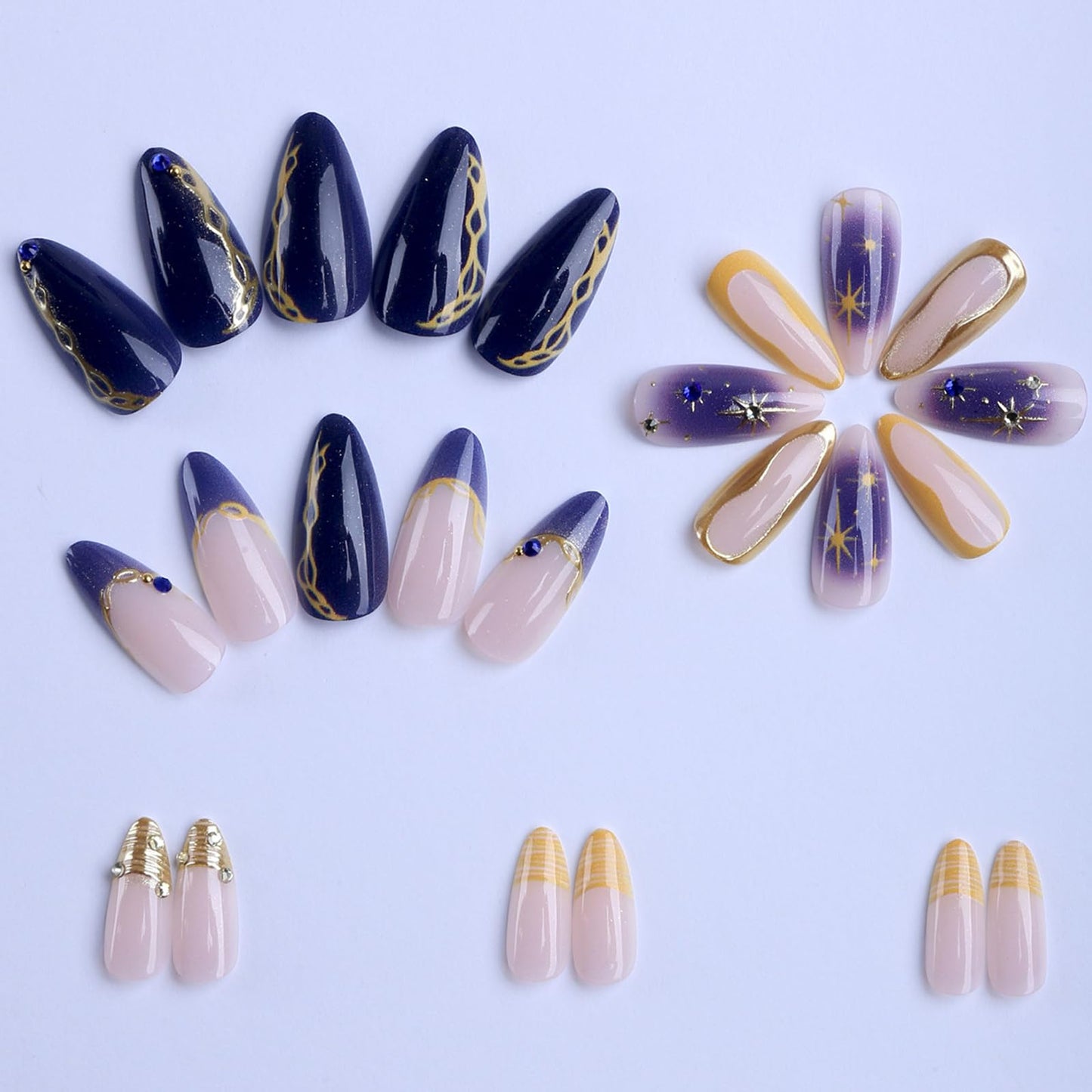 IMRAIN Press on Nails Medium Almond Fake Nails Blue Ombre Acrylic False Nails Golden Edge French Tip Full Cover Glue on Nails for Women