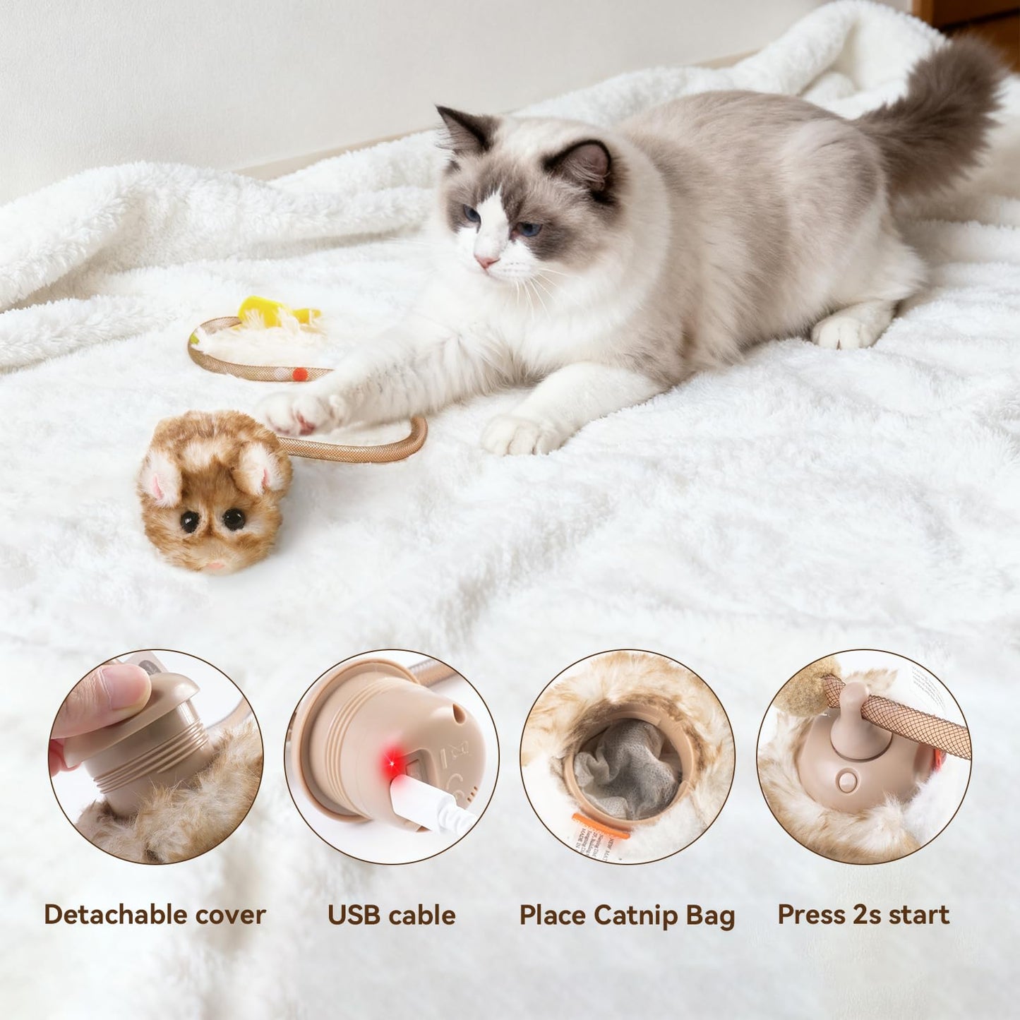 Migipaws Interactive MigiMouse Cat Toy 360° Rolling & Spin with Mesh Plastic Tail for Indoor Cats Smart Motion Sensor, Realistic Squeak, Rechargeable Plush Kitten Toy(Brown Long)