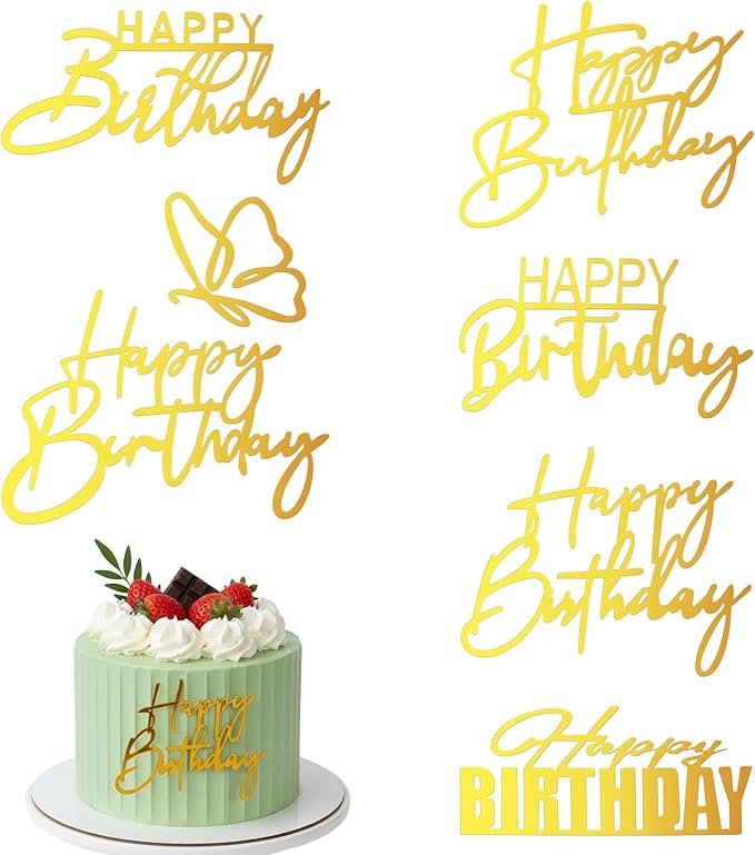 Gold Happy Birthday Acrylic Cake Toppers, 6 Styles