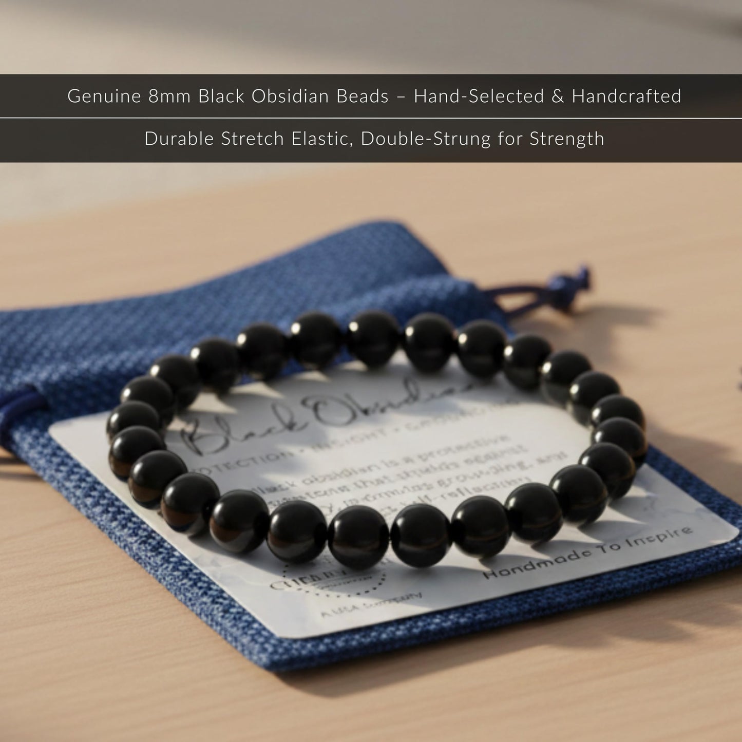 Cherry Tree Collection - Handmade Crystal Beaded Stretch Bracelets For Women and Men - Small, Medium, Large Sizes - Healing Properties Card - 8mm Round Beads (Black Obsidian - Small)