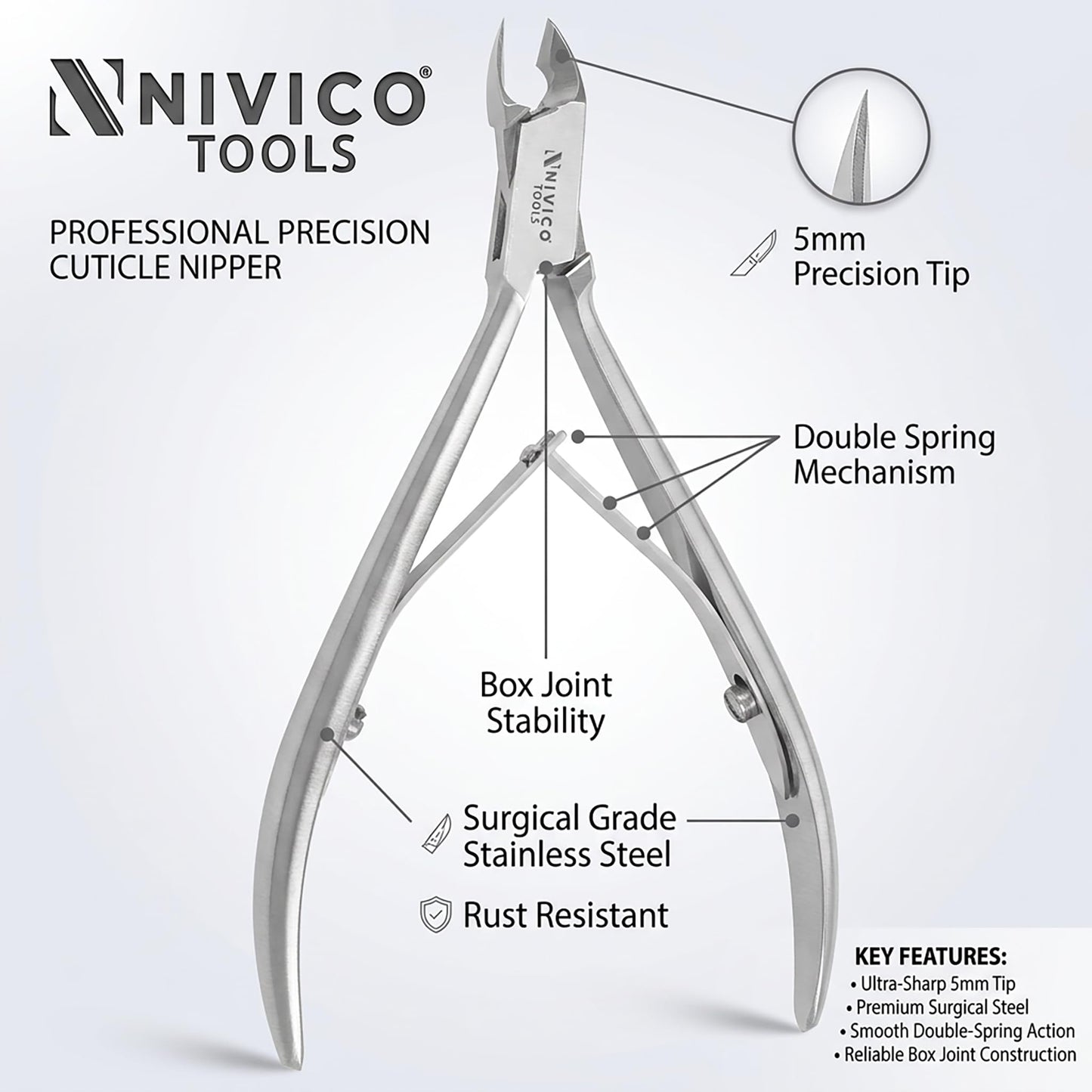 Nivico Tools Professional Cuticle Nipper – Surgical Stainless Steel Cuticle Trimmer & Hangnail Clipper – Ultra-Sharp Precision Jaw with Frictionless Double Spring for Manicure & Pedicure Care