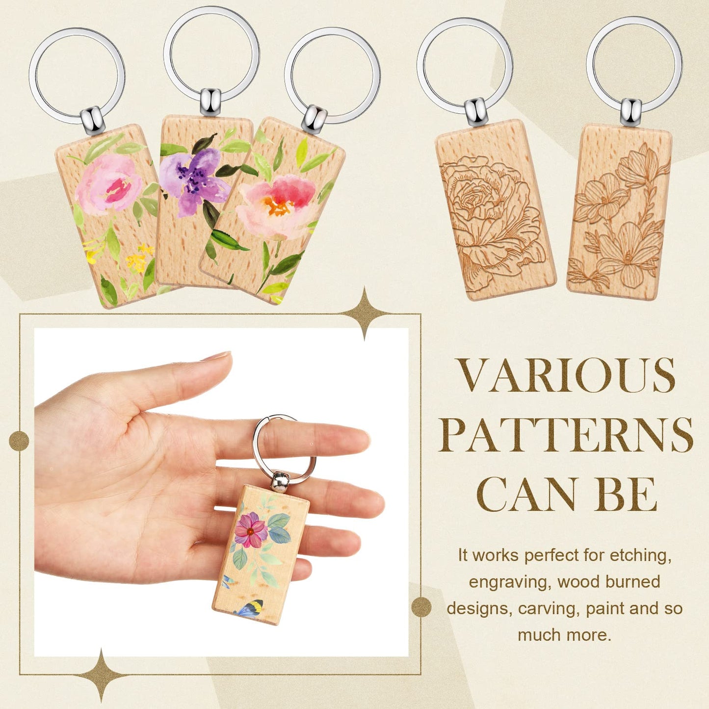 Bucherry 200 Pcs Wooden Keychain Blanks Wood Key Chains Bulk Laser Engraving Wooden Keychain Blanks Unfinished Rectangle Key Ring Tag for DIY Gift Crafts
