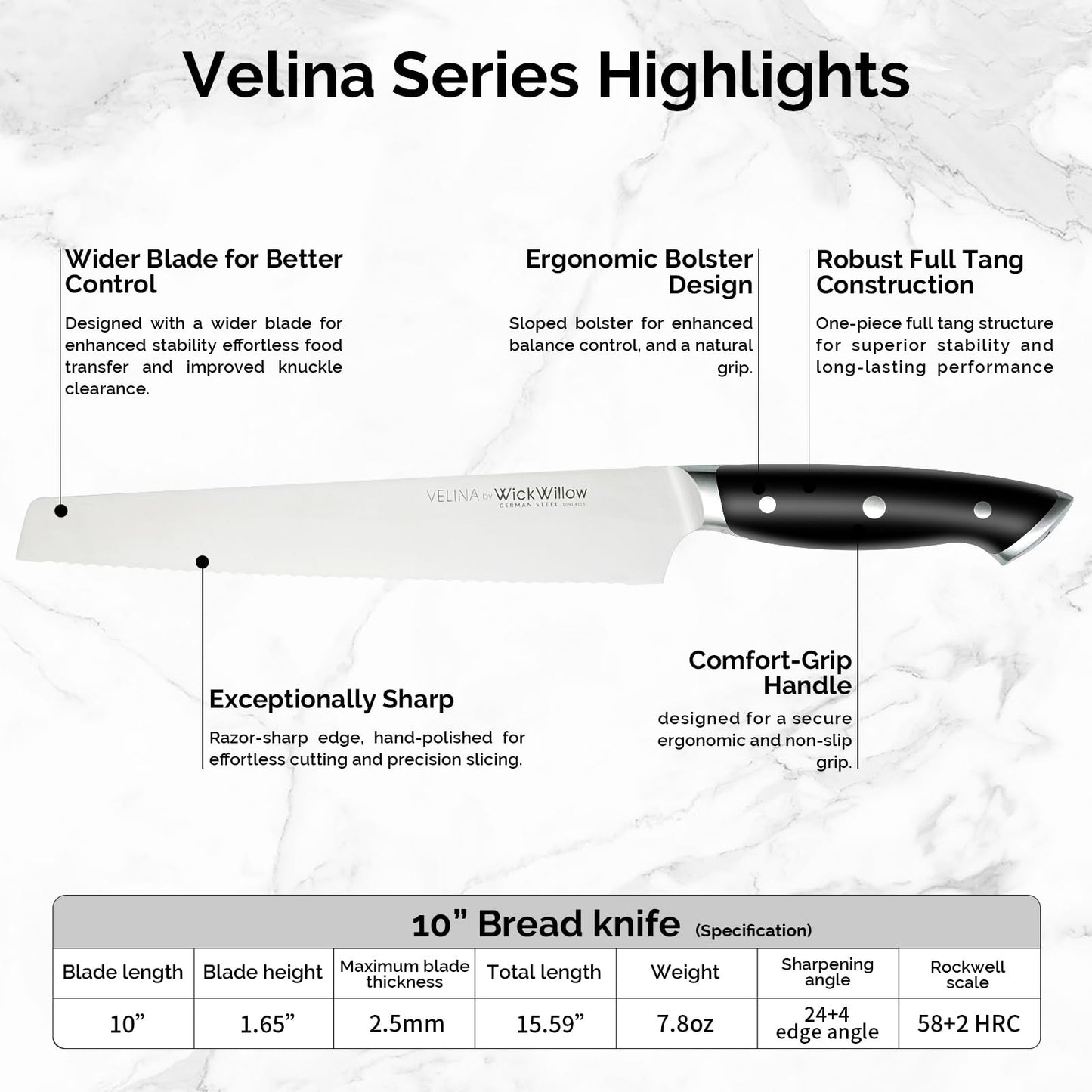 WICKWILLOW 10" Bread Knife – Razor Sharp German Steel – Serrated Knife for Homemade Bread & Sourdough – Full Tang & Ergonomic Handle – Gift Box – Velina Series