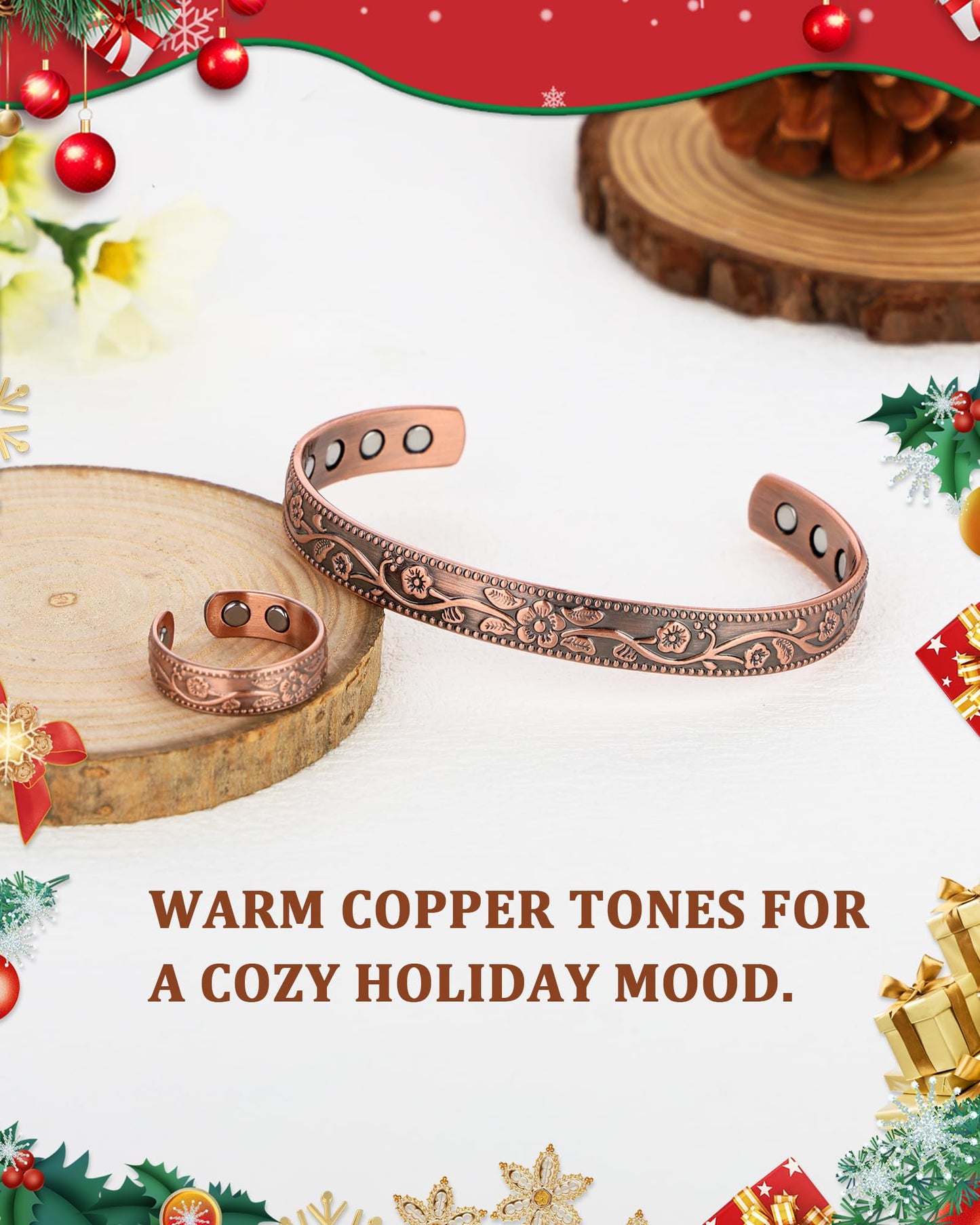BioMag Magnetic Copper Bracelet & Lymphatic Drainage Ring for Women, 99.99% Pure Copper Magnetic Cuff Bangle with 11 Pcs 3500 Gauss Magnets, Adjustable Size, Floral Vine Pattern