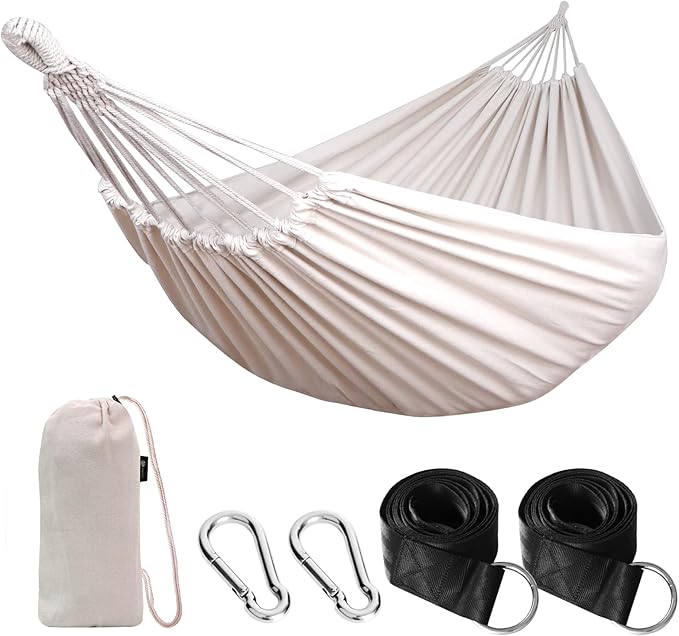 ANYOO Cotton Hammock Portable Camping Hammocks for Hanging Sturdy Garden Comfortable Fabric Hammock with Tree Straps Up to 660lbs with Travel Bag for Camping Outdoor/Indoor Patio Backyard