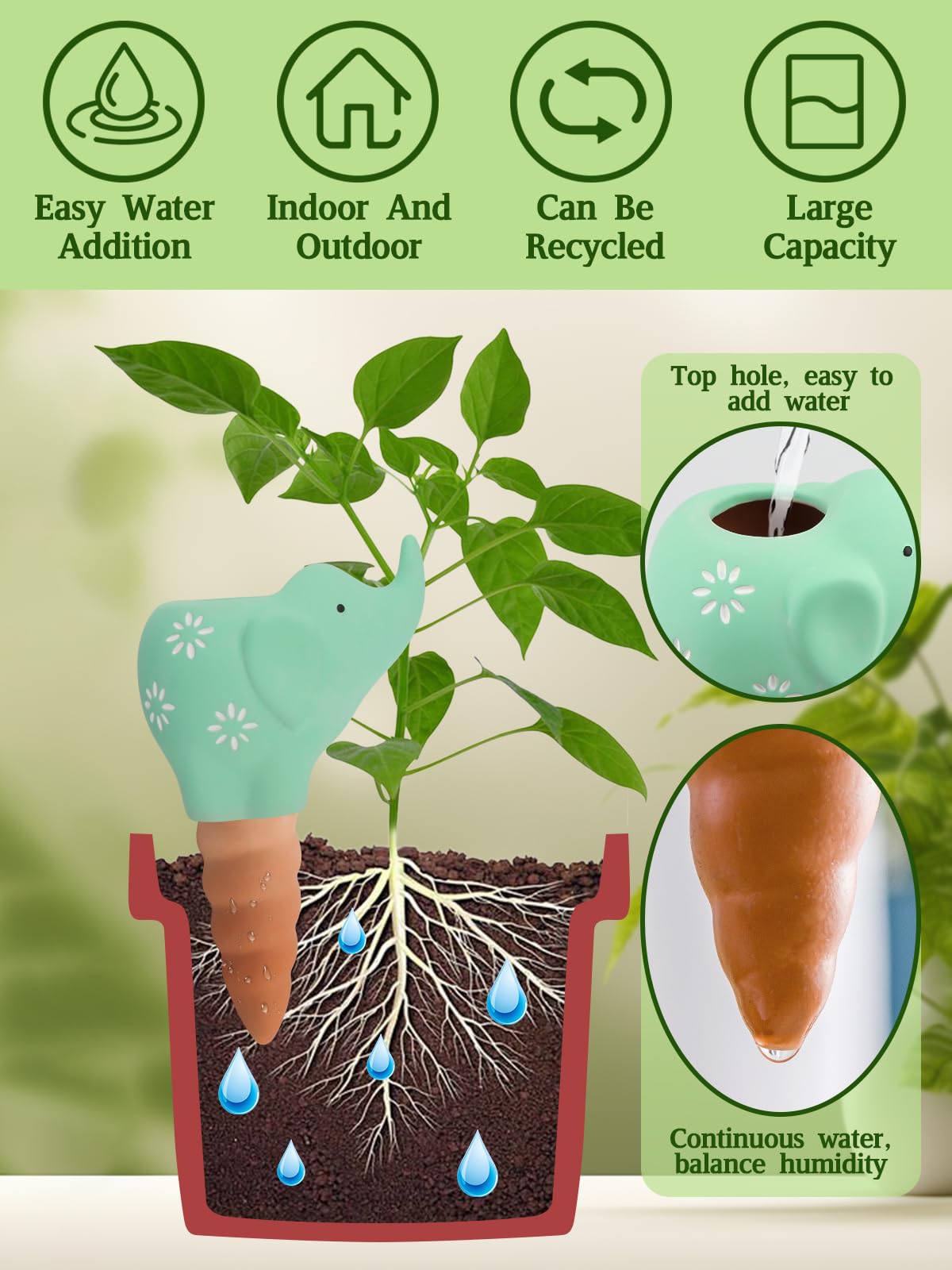4Pcs Plant Watering Globes, Kalolary Elephant Shape Self Watering Spikes Terracotta Drip Water Stakes Irrigation Watering Bulbs for Pot, Indoor, Outdoor, Vacation