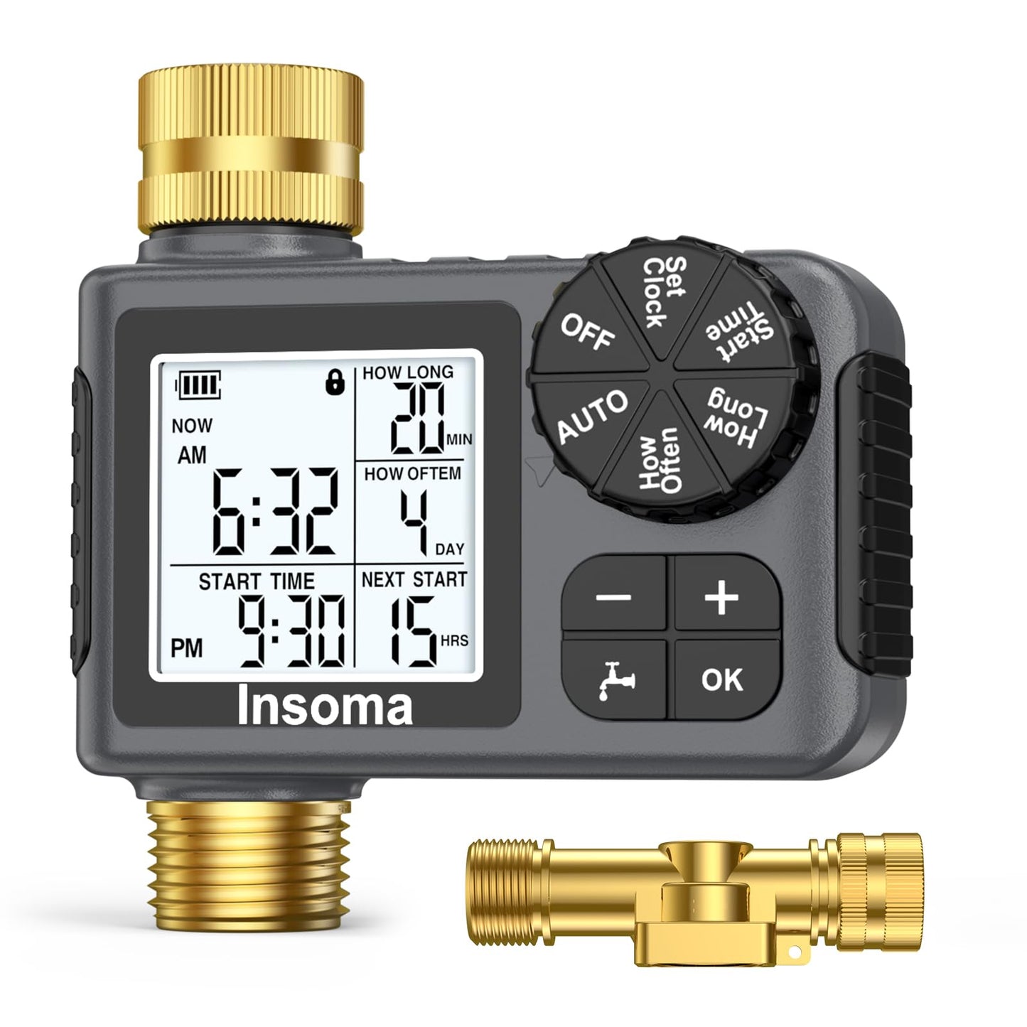 Water Timer for Garden Hose with 100% Metal Pipe, Programmable Sprinkler Controller for Garden Faucet with Auto/Manual/Rain Delay Mode, Irrigation Timers for Lawn, Yard, Outdoor Plants