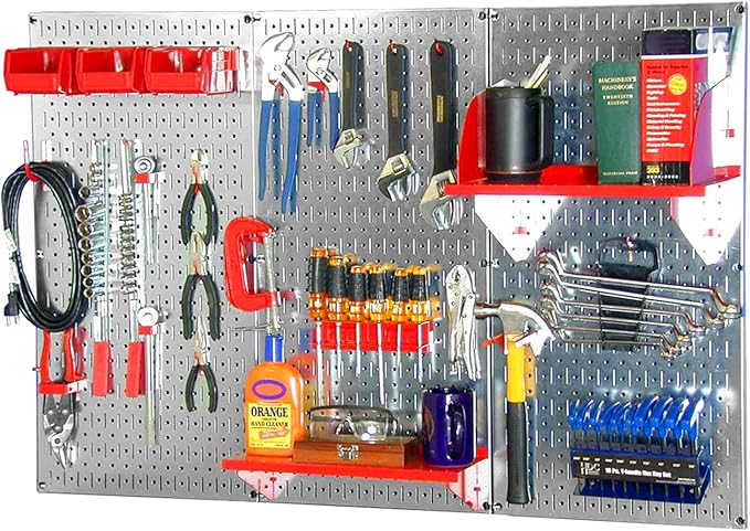 Wall Control 30WRK400GVR 4-Feet Metal Pegboard Standard Tool Storage Kit with Galvanized Toolboard and Red Accessories