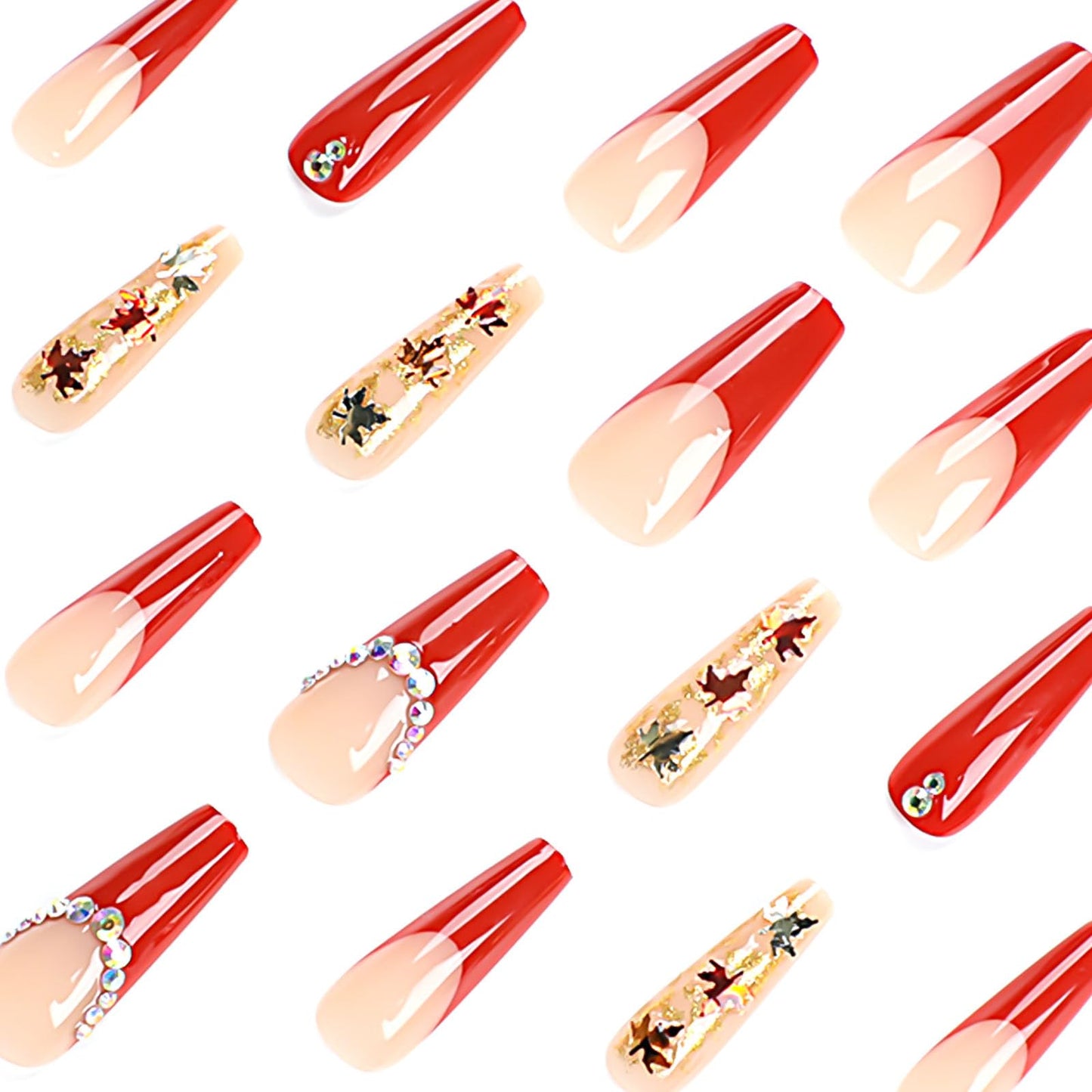 RTKHFZE Fall Press on Nails Long,Coffin Fake Nails with Glitter Fall Maple Leaves and Rhinestones Designs Acrylic Nails Red French Full Cover False Nails Stick on Nail for Women Manicure 24Pcs