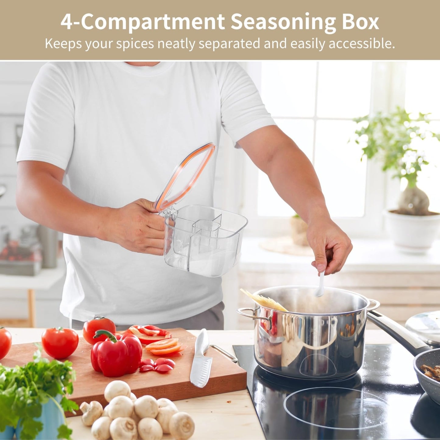 Homaisson 2 Pcs 4-Compartment Seasoning Boxes, Sealed Seasoning Containers with Lids & Spoons, Transparent Spice Organizers, Space-Saving Condiment Jars for Salt, Sugar, Pepper