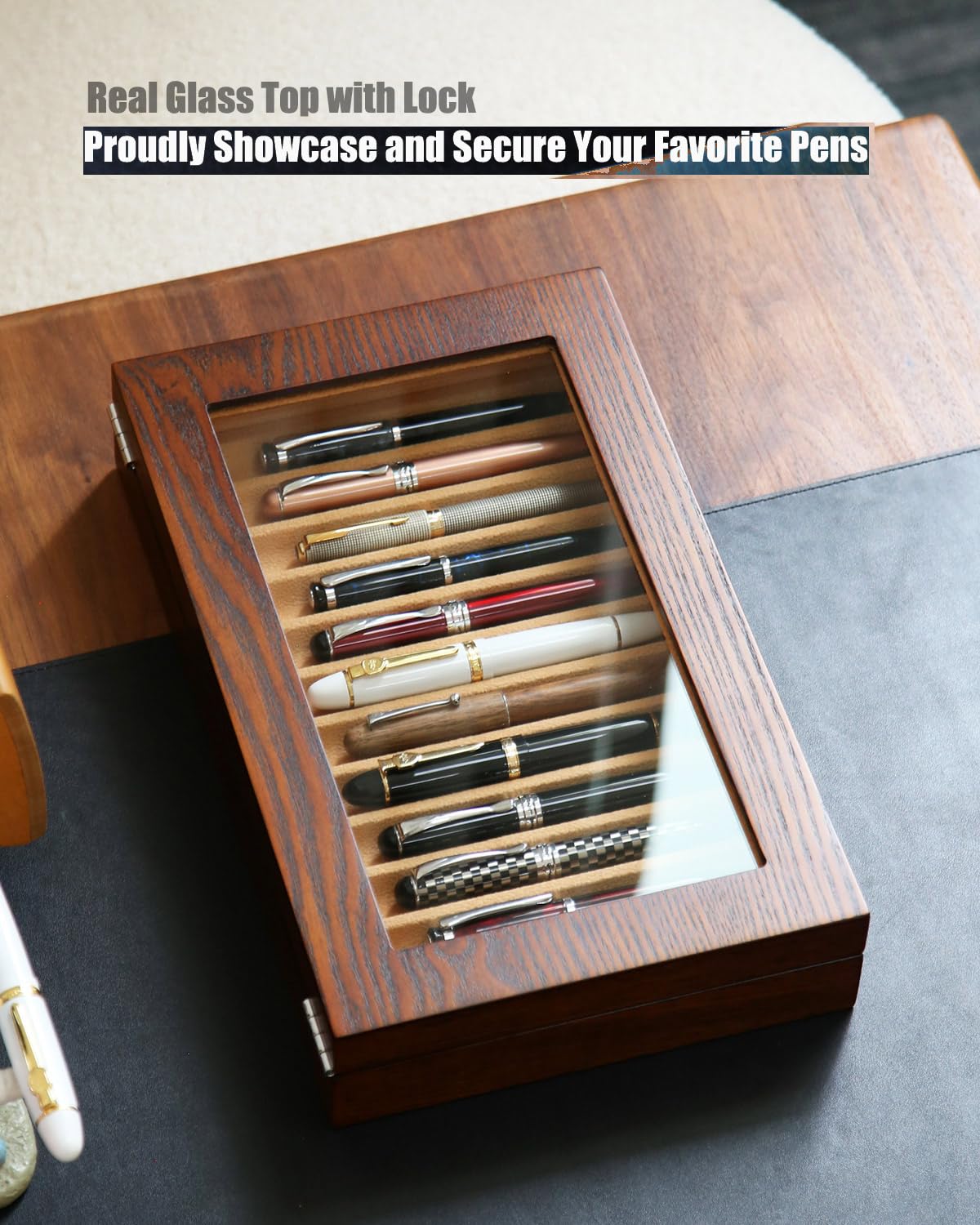 Besforu 12-Slot Fountain Pen Collector Case – Lockable Wooden Organizer with Glass Display Top, Premium Storage Box for Writing Instruments and Gift for Men