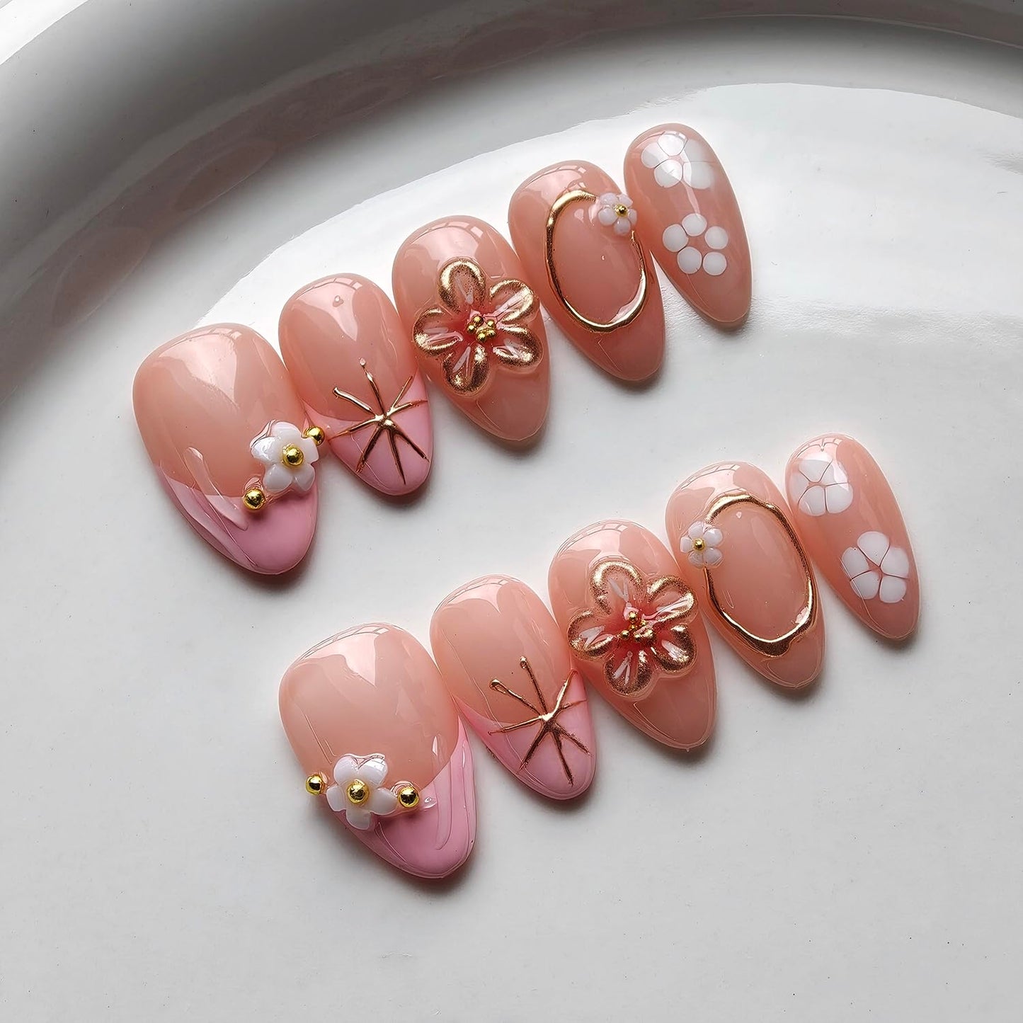 French Tip Press on Nails Handmade Short Almond 3D Thick Acrylic Nails False Nails with Gold Ball Starlight Flower Designs Pink Glossy Fake Nail Sturdy Art Press on Nail 10Pcs(M)
