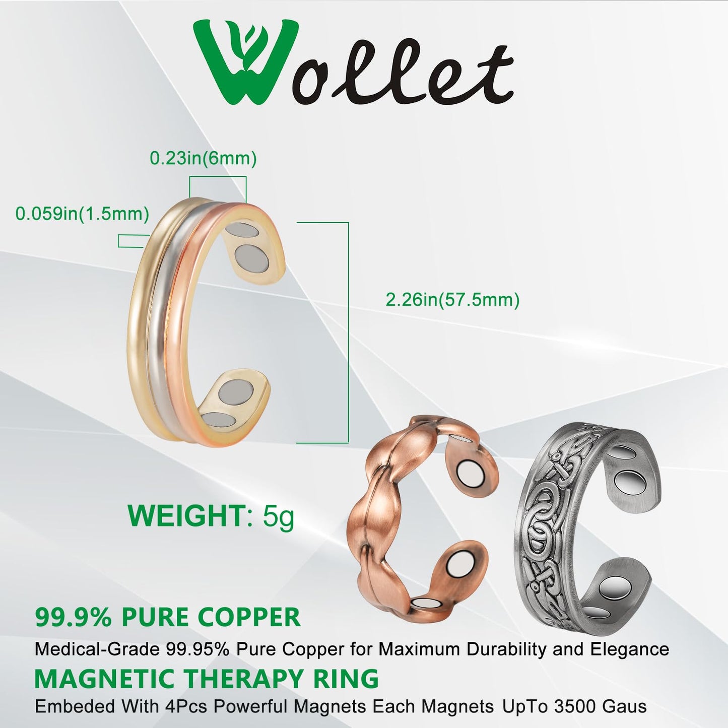 Wollet 3Pcs Copper Magnetic Ring for Women Men, 99.99% Pure Copper Rings with Magnets, Jewelry Adjustable Gift
