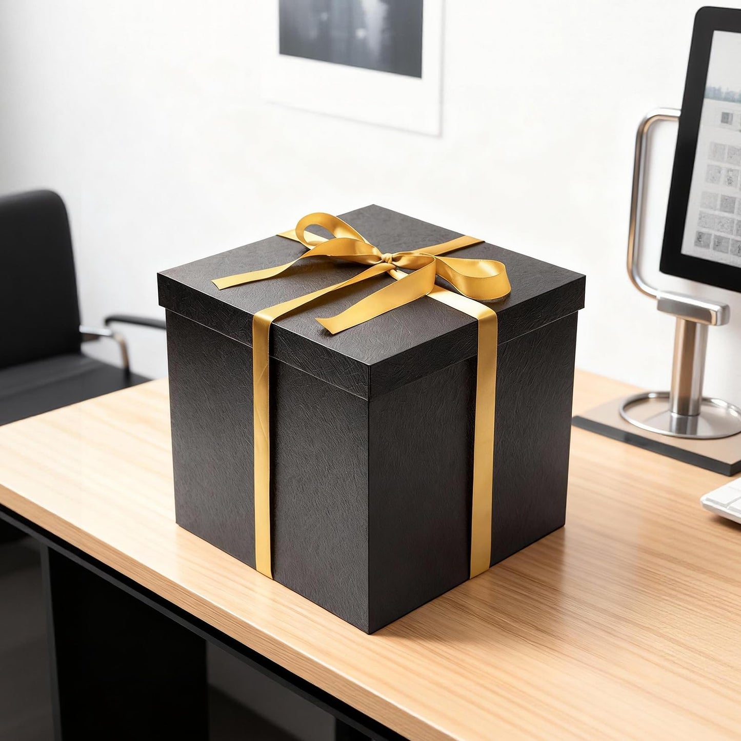 Mefleet Large Gift Box with Lid for Presents 12x12x12 Inches Extra Big Deep Square Black Boxes 1 Pack for Christmas, Birthday, Valentine's Day, Mother's Day - Contains Crinkle Paper, Ribbon and Card