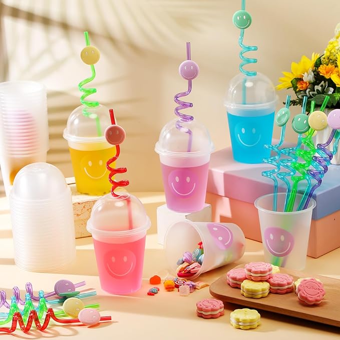 Yaomiao Smile Face Sipper Cups with Straws and Lids, 12 oz Clear Plastic Cups Happy Face Party Cups with Dome Lids Happy Party Favors for Kids, Tea, Coffee, Smoothie, Cold Drinks(32 Pack)