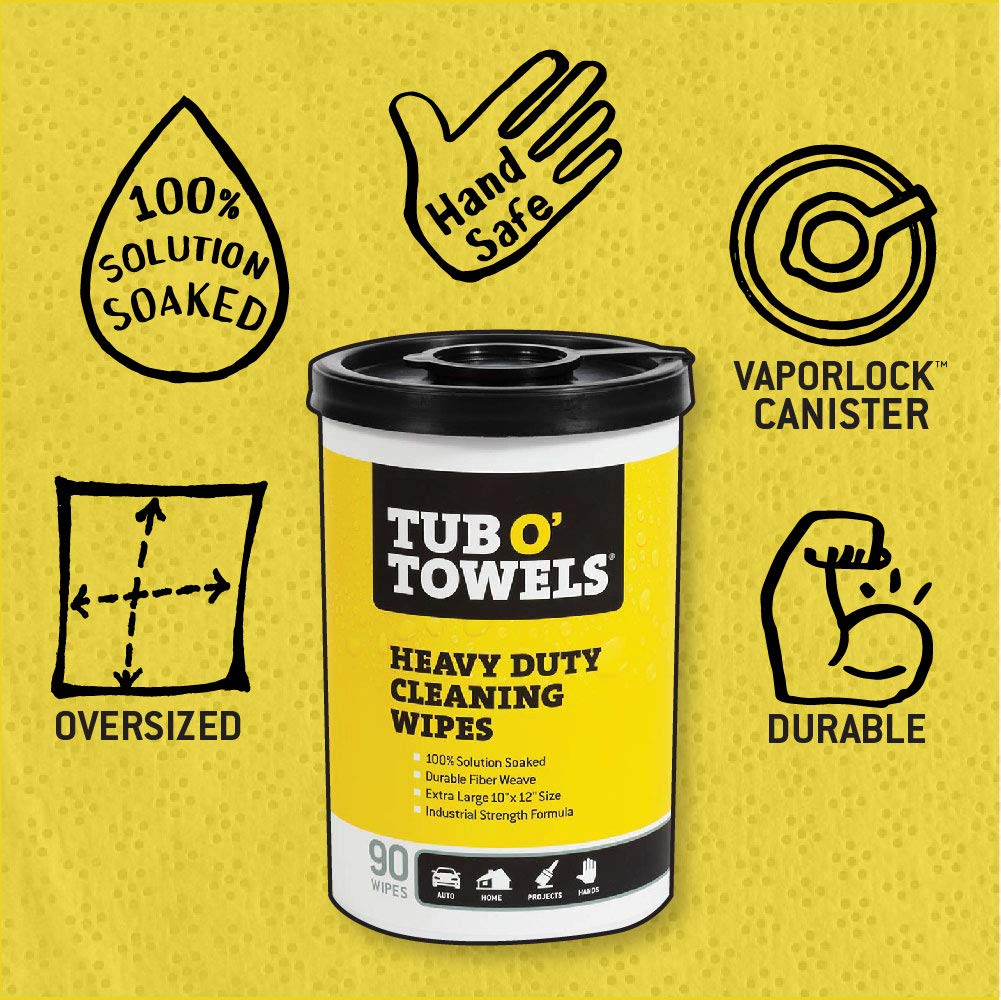Tub O Towels TW90 Heavy-Duty 10" x 12" Size Multi-Surface Cleaning Wipes, 90 Count Per Canister 3 Pack