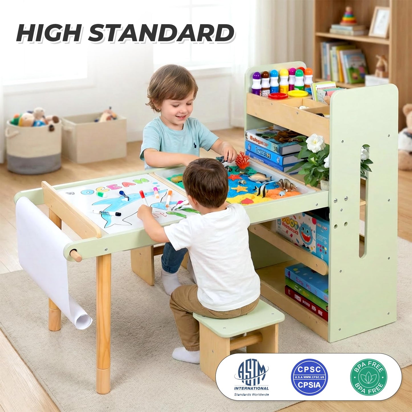 LOL-FUN Kids Sensory Art Table and Chairs Set with Storage Bins & Shelves, Toddlers Activity Table for Ages 3-8 Preschool Sand and Water Play, Drawing Desk with Blackboard Whiteboard
