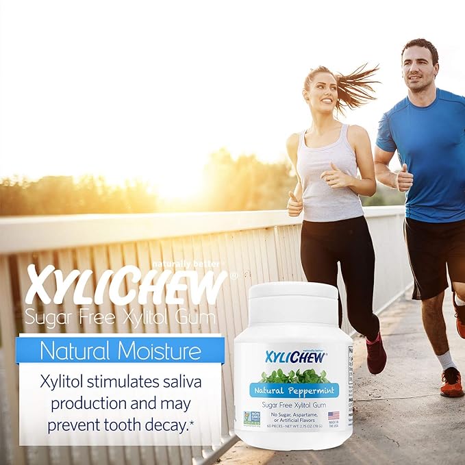 Xylichew 100% Xylitol Chewing Gum - Non GMO, Non Aspartame, Gluten Free, and Sugar Free Gum - Natural Oral Care, Relieves Bad Breath and Dry Mouth - Peppermint, 240 Count