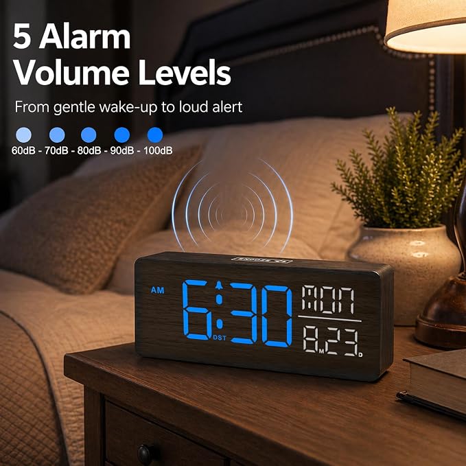 Peakeep Wooden Digital Alarm Clock Large Display, Textured Decoration