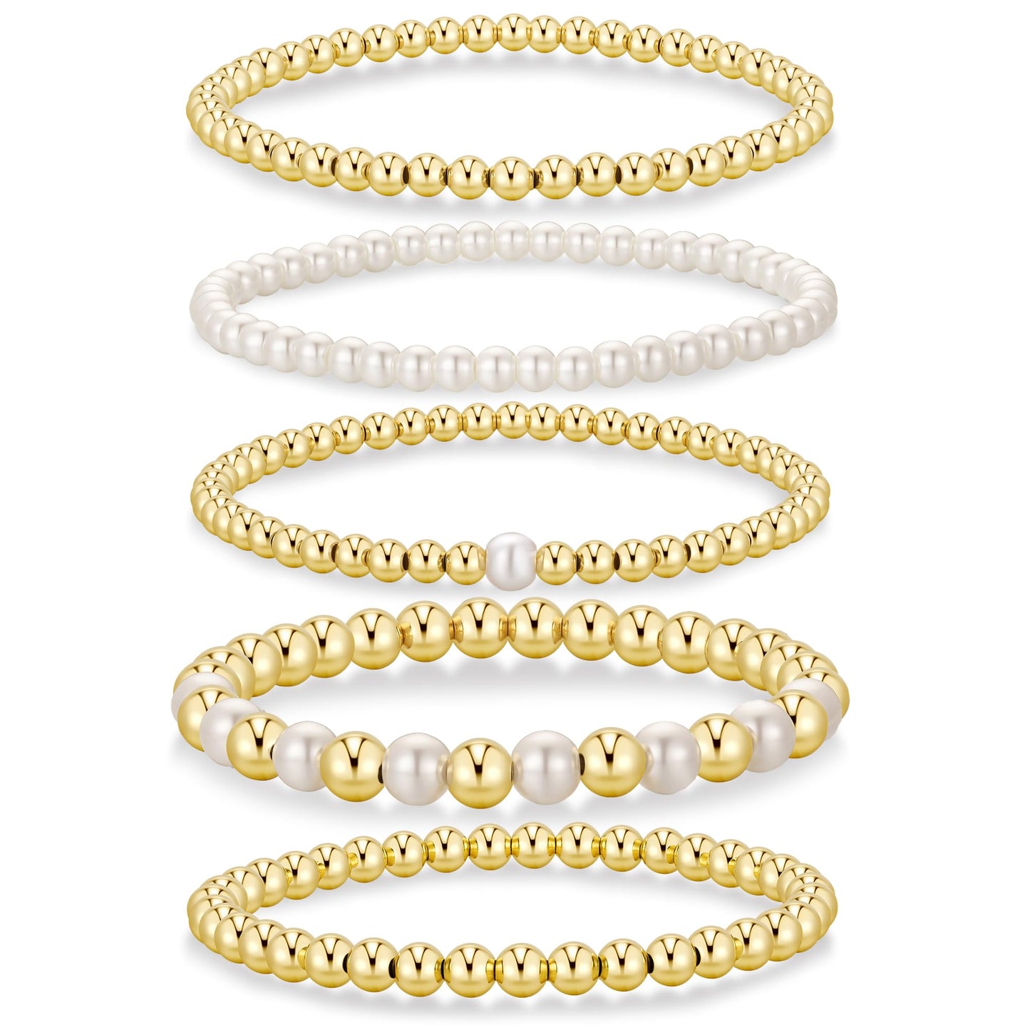 Yoosteel Gold Beaded Bracelets Set for Women - 14k Gold Plated Dainty Round Beaded Pearl Bracelet for Women Simplicity Stackable Jewelry Gifts（5 Pcs）