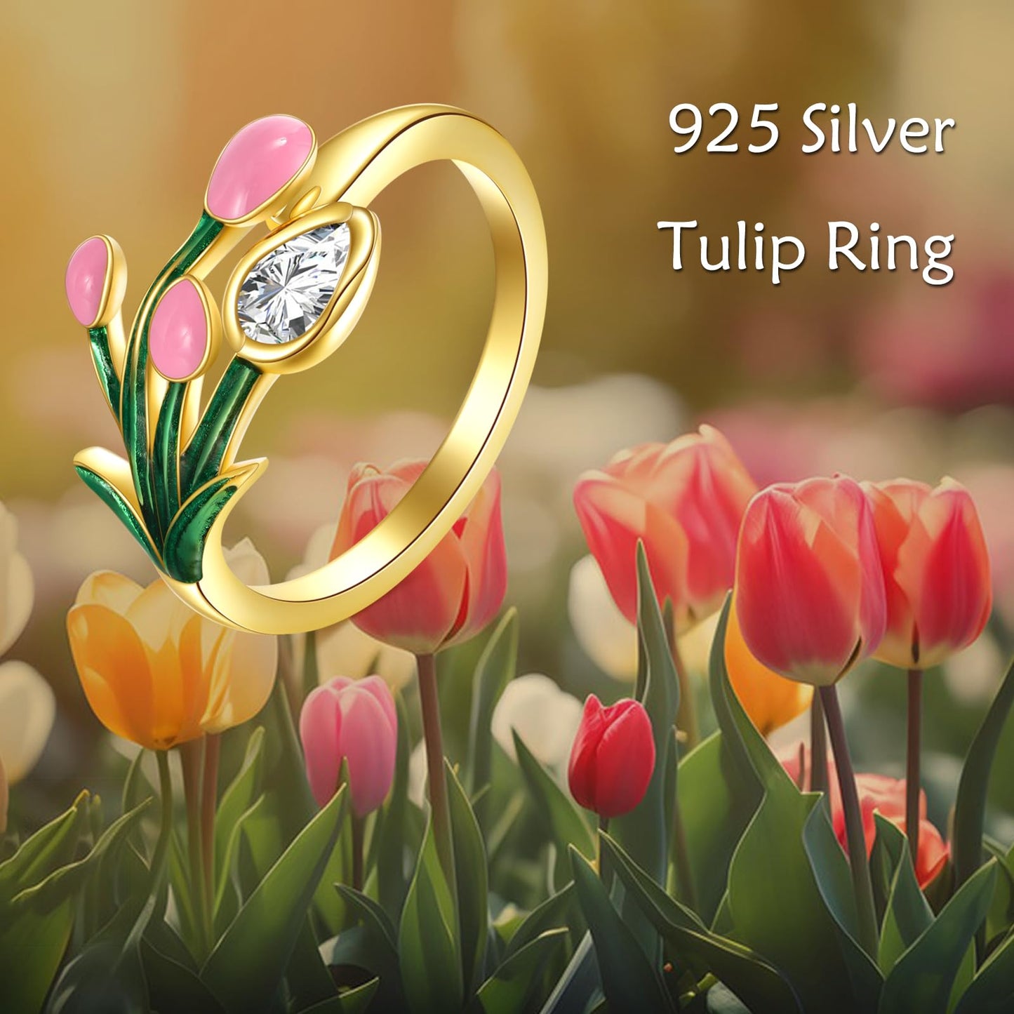 POPLYKE Tulips Flower Ring Sterling Silver Boho Adjustable Open Ring Spoon Ring Vintage Thumb Rings for Women