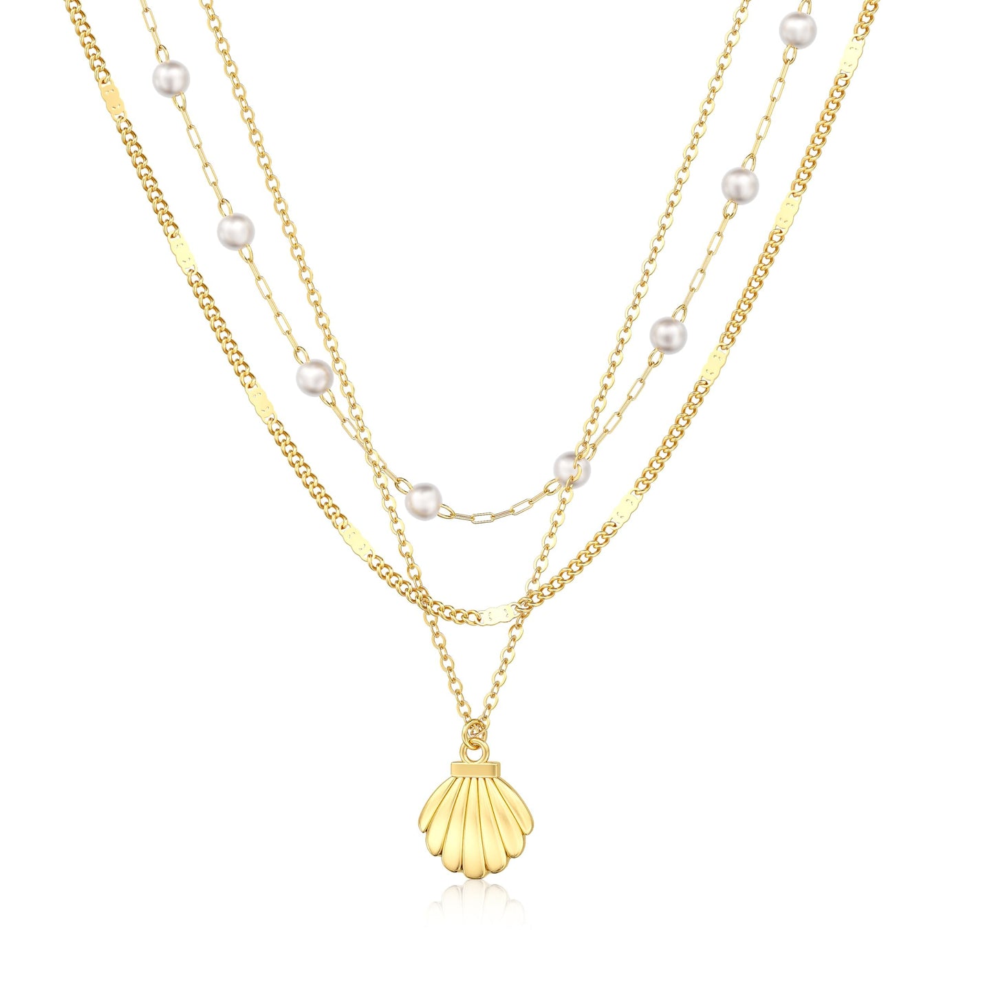 Picuzzy 14K Gold Plated Layered Seashell Pendant Necklace for Women Trendy Sea Shell Beach Stackable Necklace Stack Ocean Coastal Tropical Nautical Vacation Summer Jewelry Pearl Accessories for Women