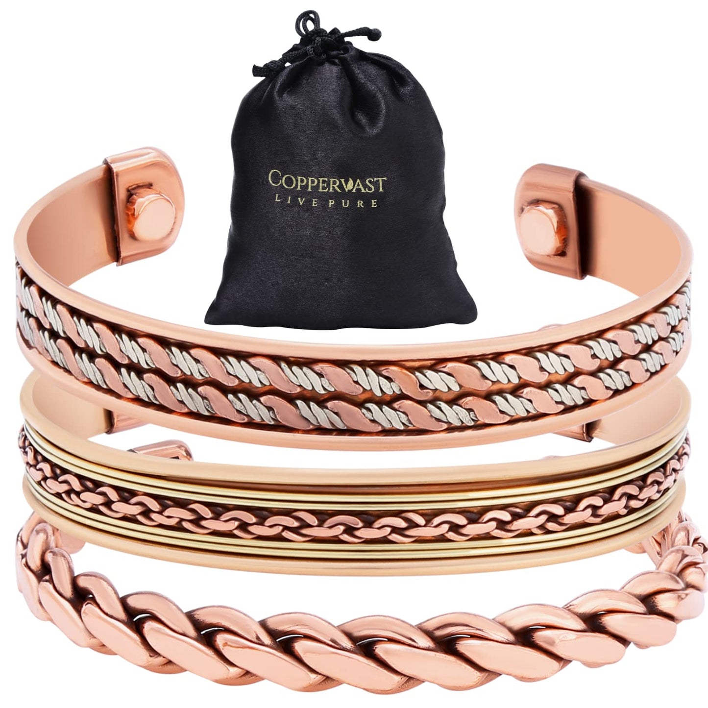 Coppervast Copper Bracelets- for Men and Women| Set of 3 with Gift Box | Gift for Women & Men| Gifts for Mom| Handmade 100% Copper (Inlay)