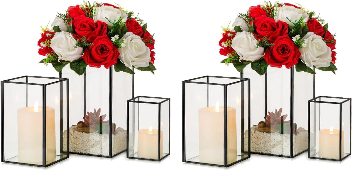 Glass Hurricane Candle Holder Large - Hewory 6pcs Black Rectangle Flower Holders Centerpiece for Table, Tall Floor Square Pillar Candle Lantern for Wedding, Anniversary, Party, Fireplace, Dining Room