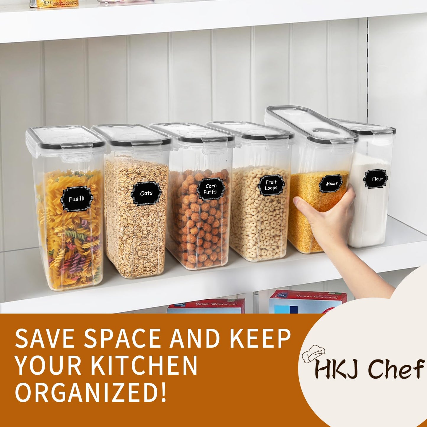 HKJ Chef Cereal Containers Storage Set (4L / 135.2oz), 6PCS Airtight Food Storage Containers with Lids, Cereal Dispensers for kitchen Pantry Organizers and Storage with Pour Spout, 20 Labels, Marker