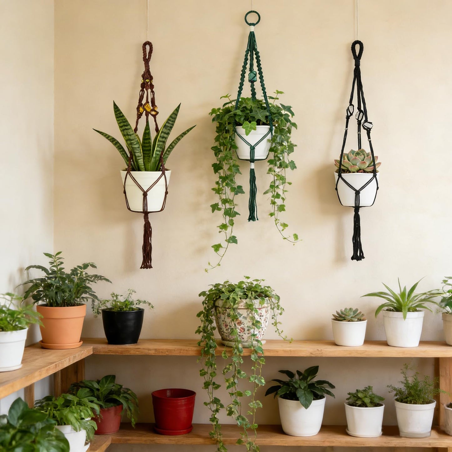 Nomylunota Macrame Plant Hanger with Boho Beads Handmade Hanging Planter Crochet Plant Holder(35.4 inches,Green & Brown & Black)