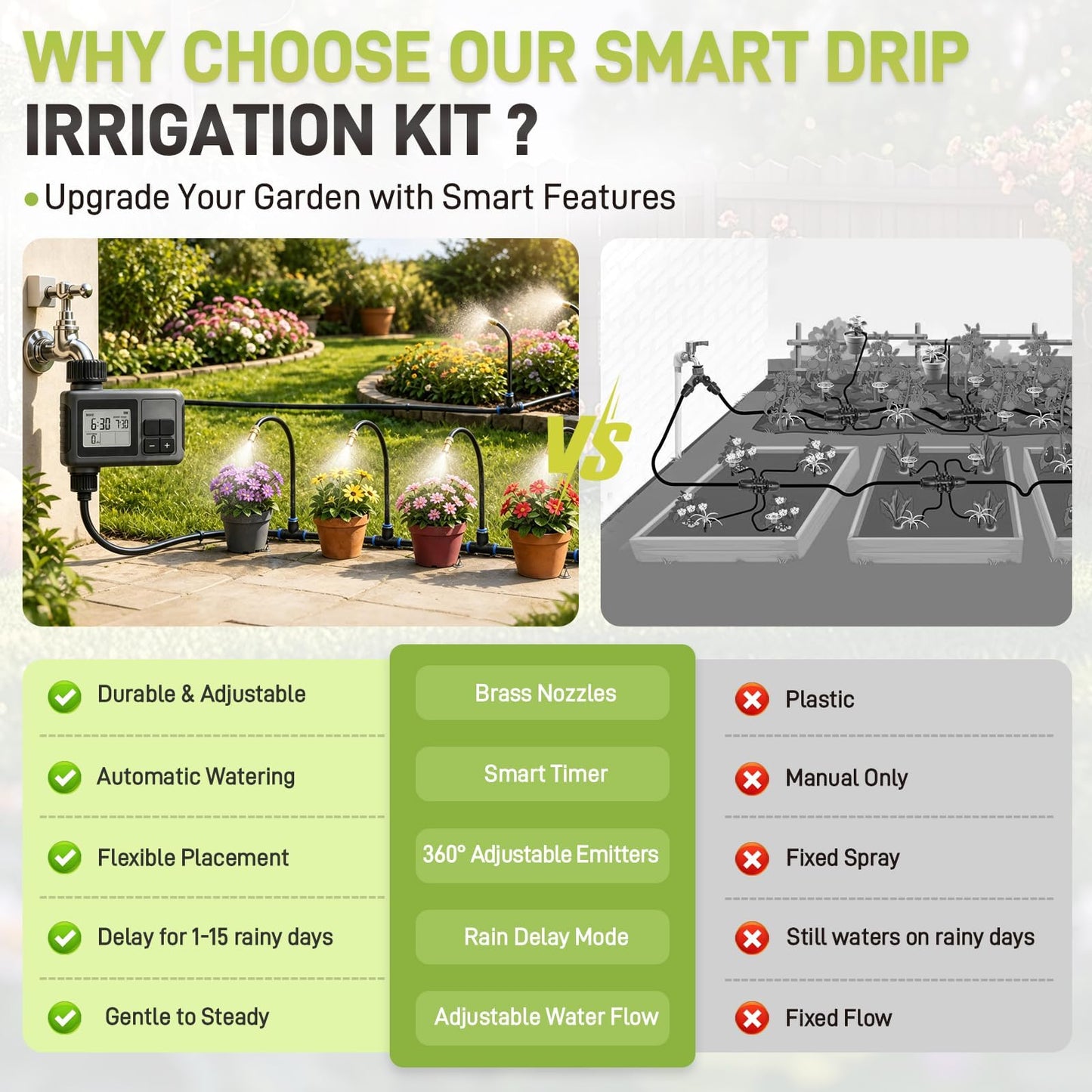 66FT Drip Irrigation Kit with Timer, Automatic Garden Watering System with Flexible 360° Bendable Hose & Adjustable Emitters, Drip Irrigation System for Greenhouse, Yard, Flower Bed, Lawn & Plants