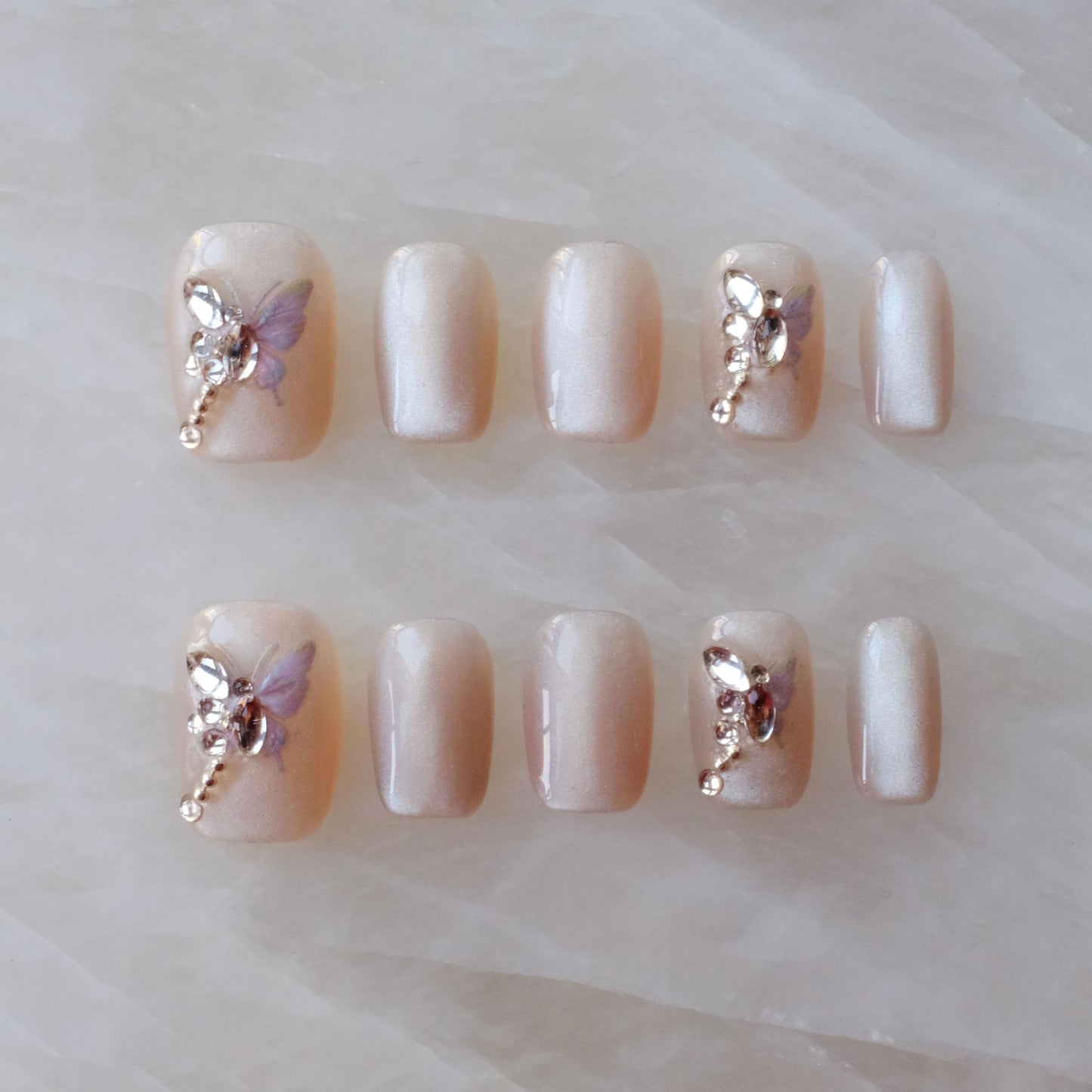 [GLORS] Purely Handmade Short Press On Nails | SCSbutterfly - Artistic Fake False Nail Tips with Butterfly | Salon Quality Cat-eye Nail Art in Short Square 10 pieces(XS, SS)