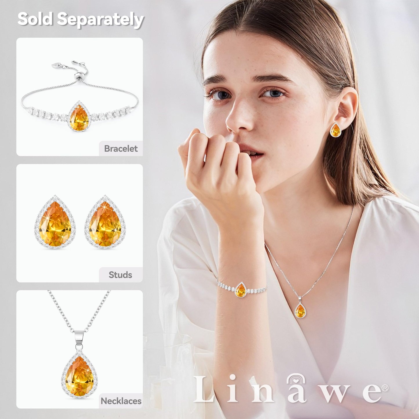 Linawe Silver Chain Necklace for Women, Citrine Crystal Yellow Imitation Diamond Pendant Necklace, Cubic Zirconia Rhinestone Teardrop Boho Jewelry Set