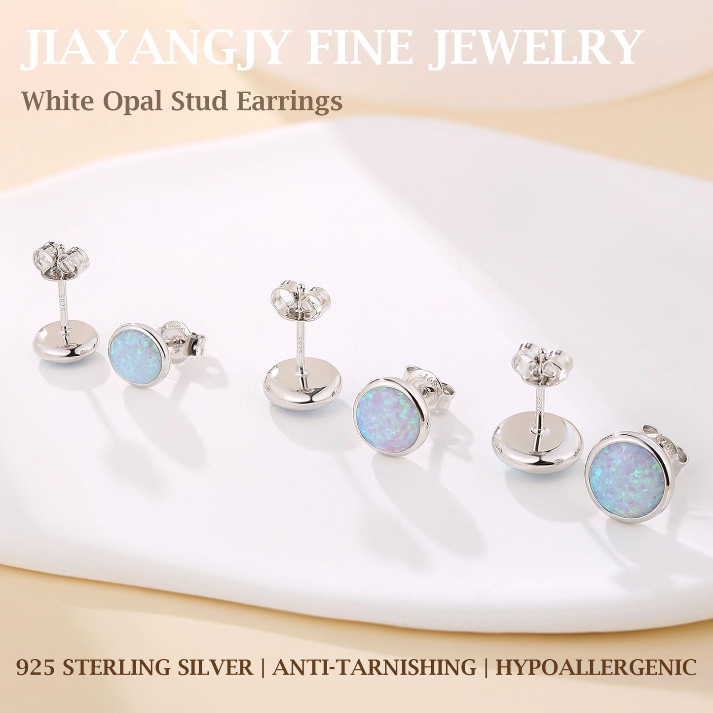 JiayangJY Silver White Fire Opal Stud Earrings for Women Sterling Silver Round Shape 7mm Opal Earrings with Push Back