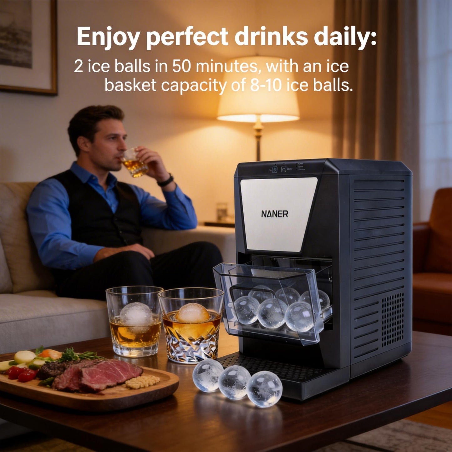 Naner 2" Clear Ice Ball Maker with IcyGem Technology,2 pcs in 50 Mins,60 pcs/Day,Sphere Ice Maker,Self-Cleaning,with Ice Tong for Bar Whiskey & Bourbon