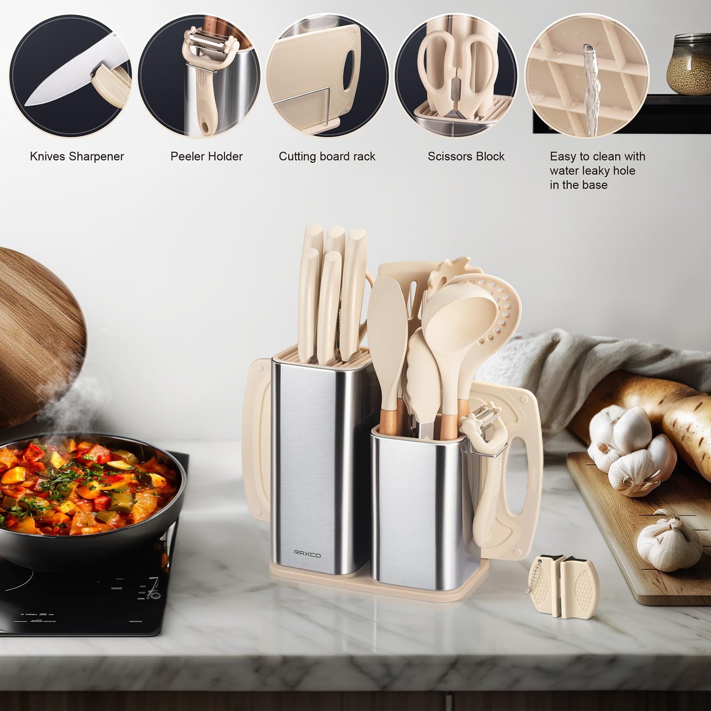 RAXCO Cooking Utensils Set,12-Piece Kitchen Utensils and Accessories,6-Piece Knife set,utensilios de cocina,Khiki
