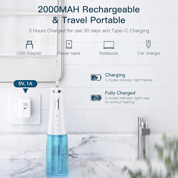 Travel-Ready 300ML Cordless Water Flosser for Teeth – IPX7 Waterproof, 4 Pressure Modes & 2000mAh Battery for Deep Cleaning at Home or On-The-Go (Blue & White)