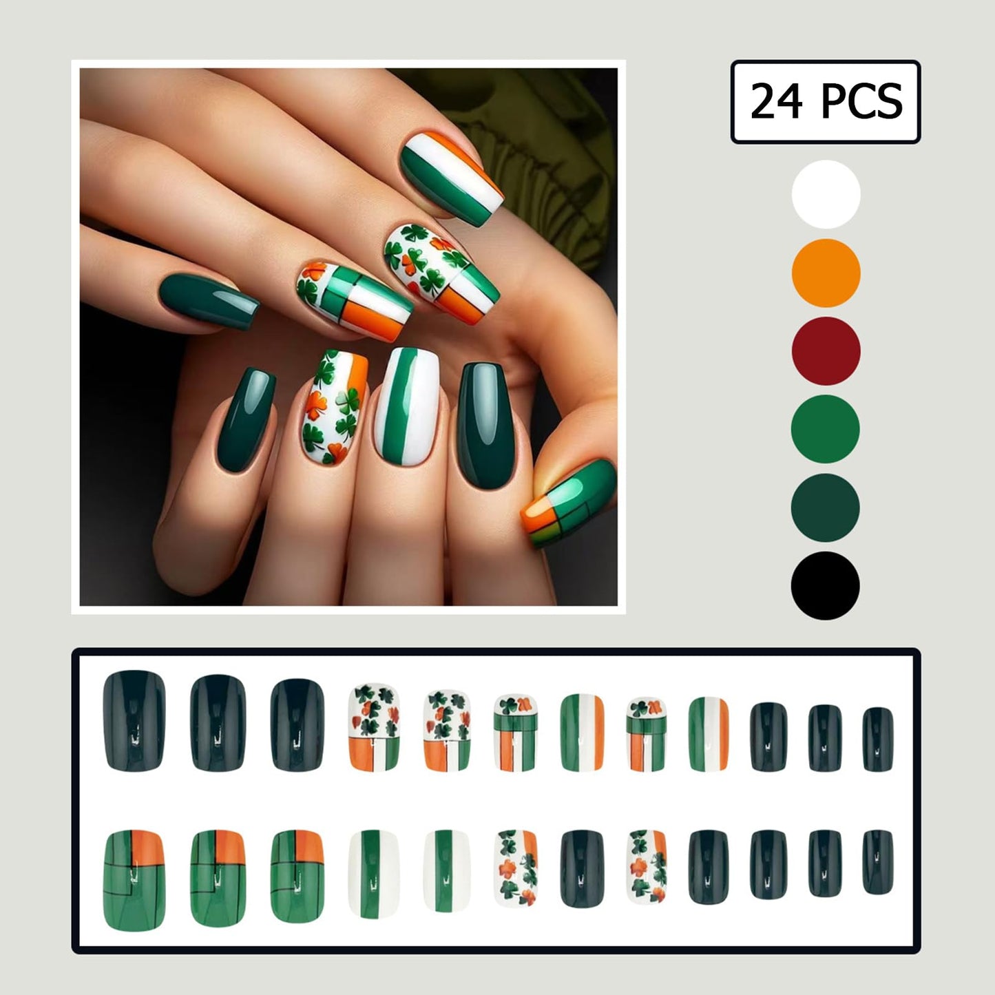 Square Fake Nails Irish Flag Clover False Nails with Flag Full Cover Stick on Nails Designs Glue on Nail for Women Girls DIY Manicure decoration