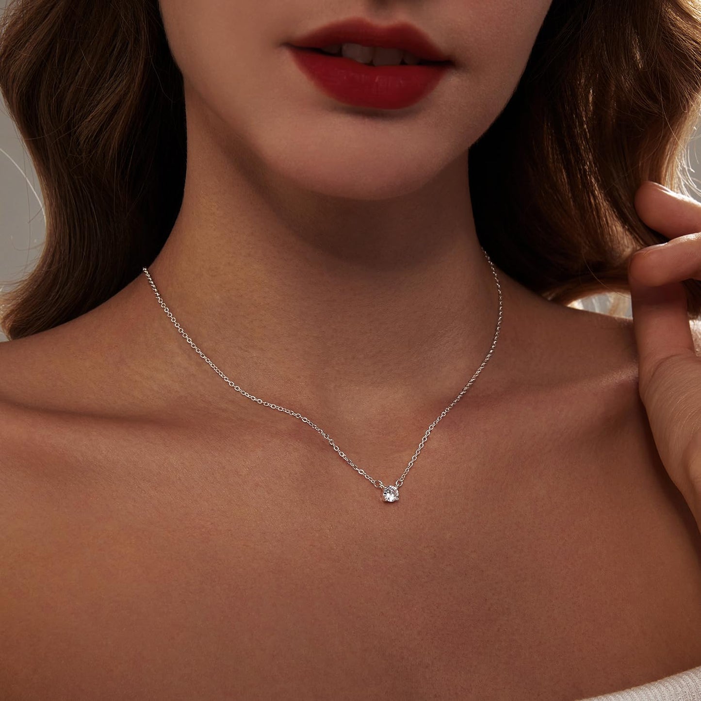Zeffy Silver Dainty Pendant Necklace, Simple Silver CZ Diamond Choker, 16"+2" Extender, Perfect for Women