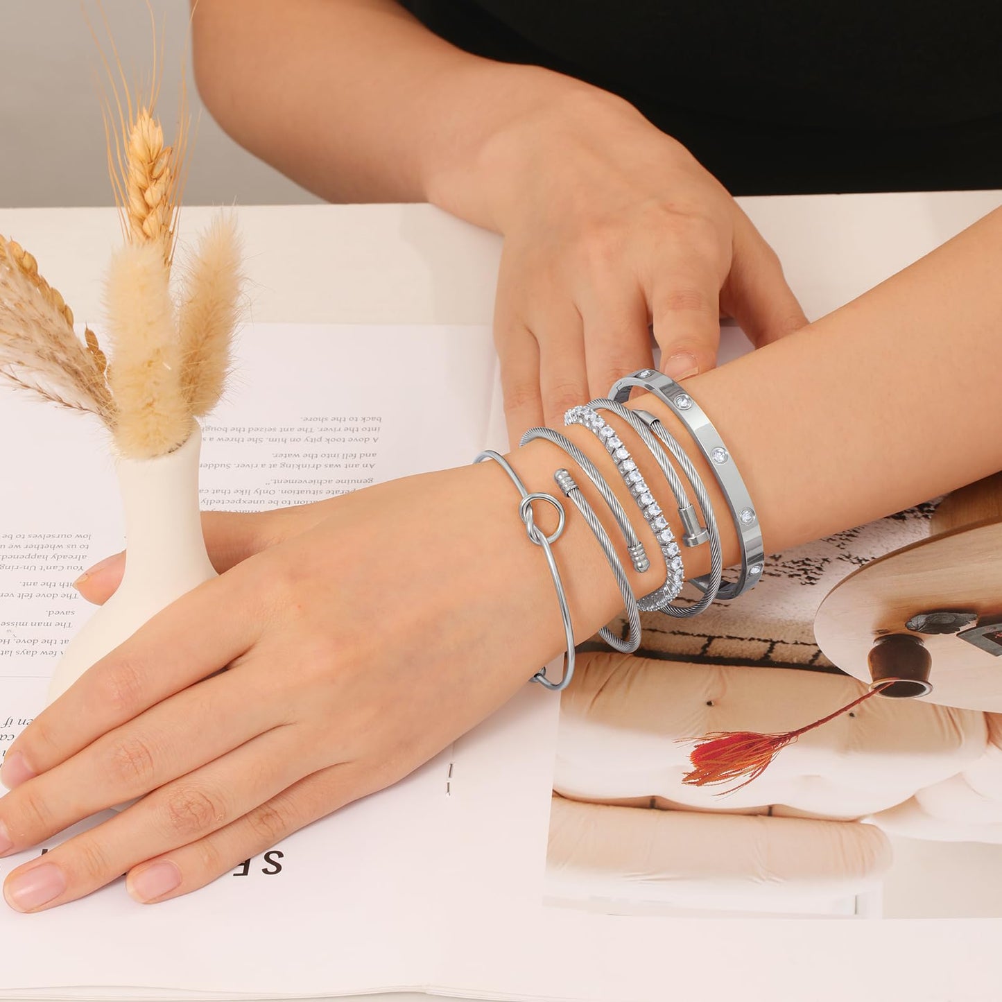FAFUGA 18 K Silver Plated Love Bangle Bracelet Stack Cuff Jewelry for Women Jewelry Set for Women Gift with Box (style13)