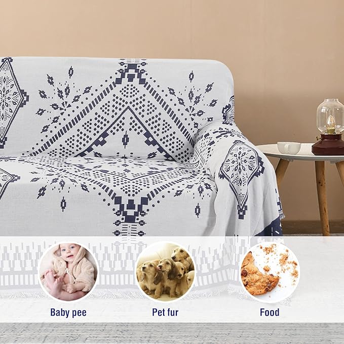 H.VERSAILTEX Reversible Sofa Cover Couch Cover for Dog Sofa Slipcover for Most Shape Sofa Furniture Protector with Tassels Sectional Couch Cover (Medium: 71" x 91", Navy/White)