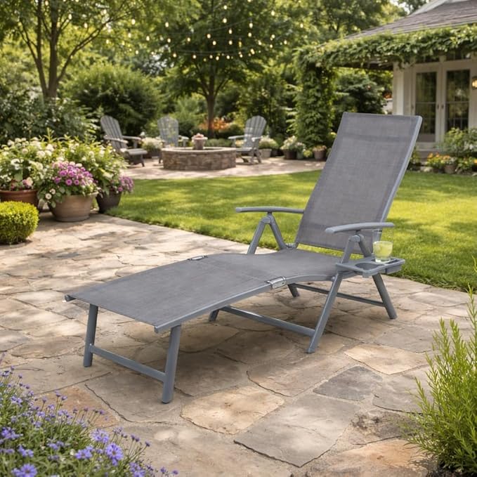 Kozyard Aluminum Outdoor Chaise Lounge Chair, Adjustable Reclining Patio Lounge with Drink Holder, Weather-Resistant Pool, Deck & Yard Recliner,Assemble-Free, Gray