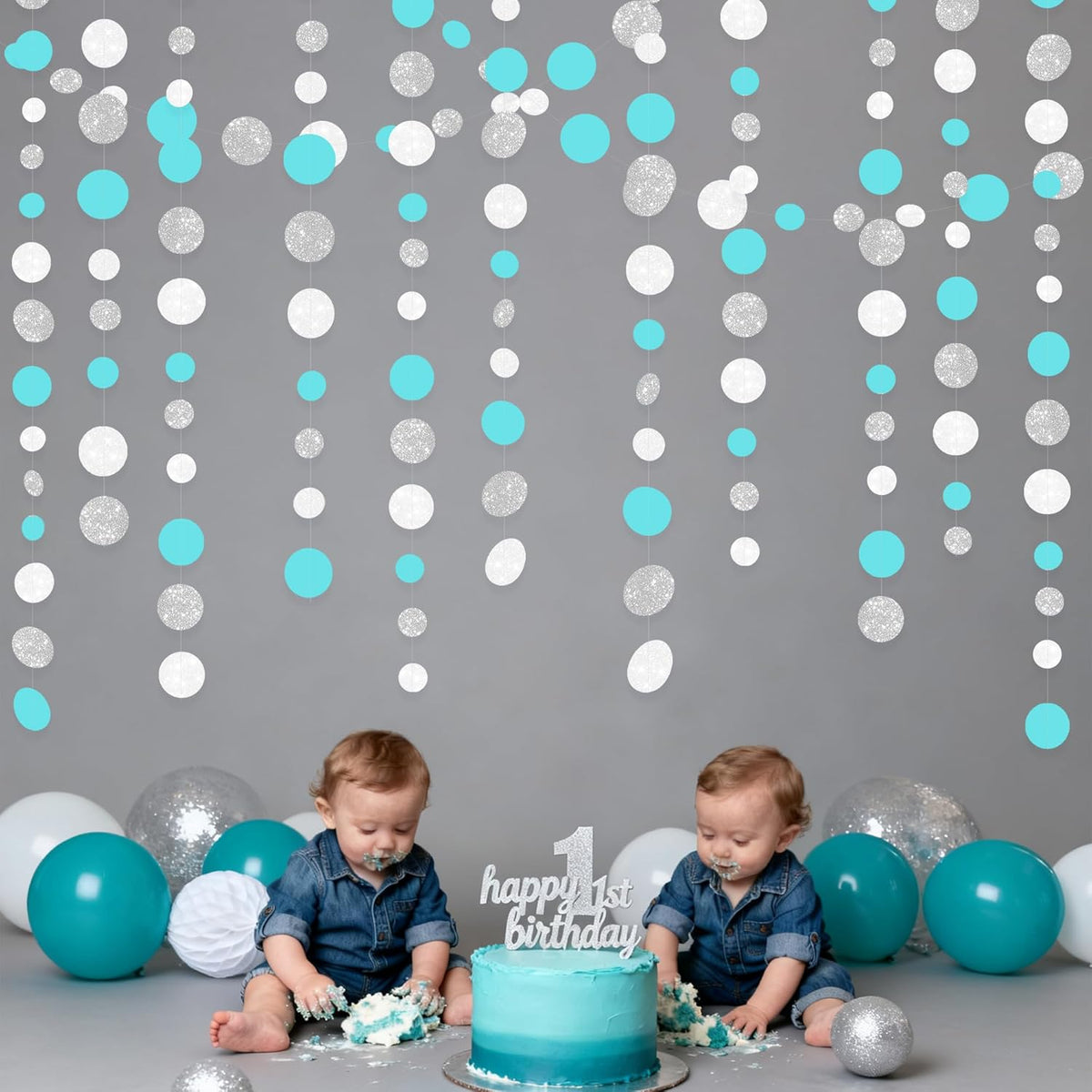 Teal Blue Silver White Party Polka Dot Garland Banner Aqua Turquoise Glitter Silver White Hanging Paper Circle Dots Streamer for Birthday Baby Shower Wedding Bridal Shower Party Decorations Supplies