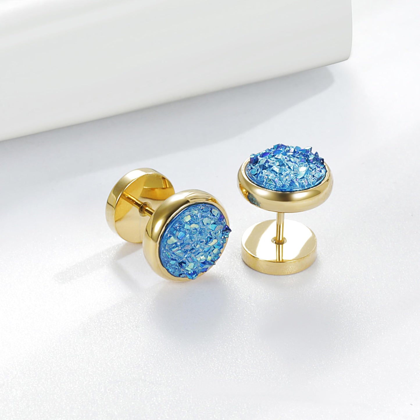 Women Men Flat Back Stud Earrings Non-Nickel Crystal Stone Earrings Titanium Stainless Steel Hypoallergenic Cartilage Earrings Stud for Sensitive Ears(Blue-gold)