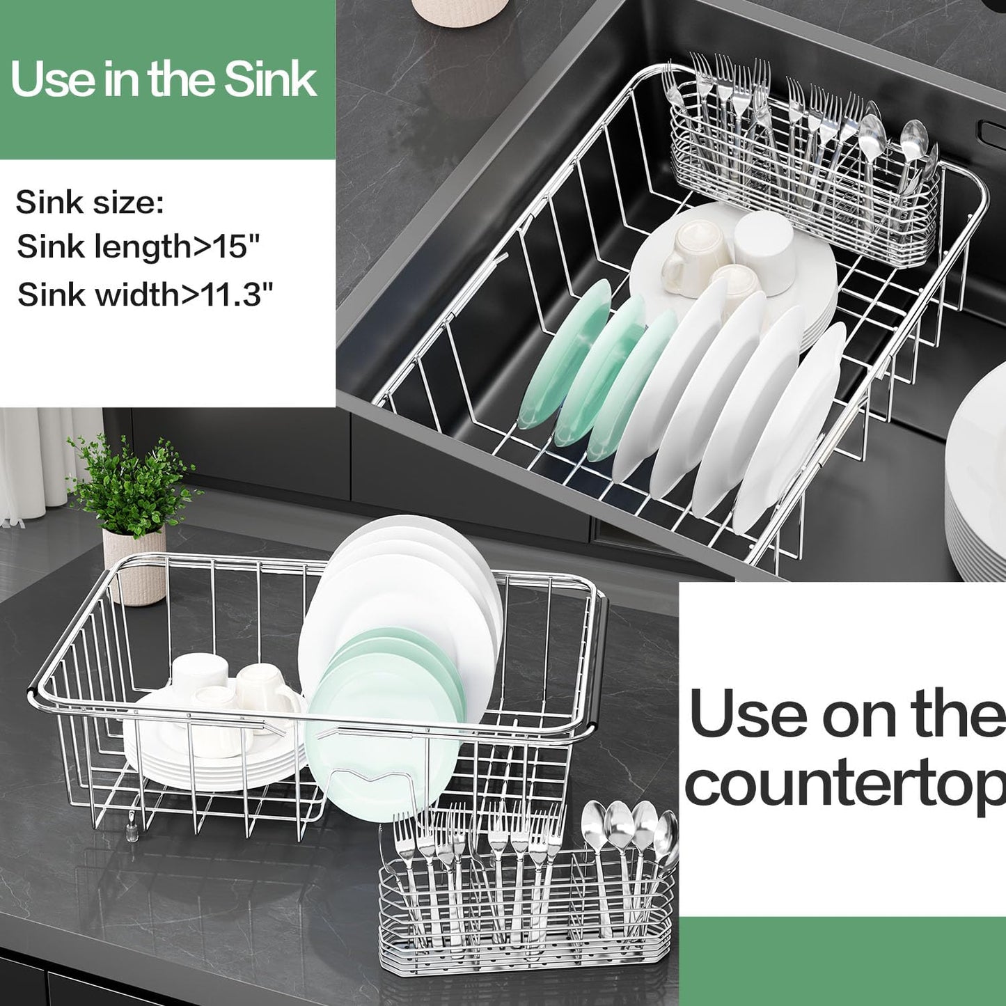 Fanbsy Large Dish Drainer Rack in Sink Adjustable, Expandable 304 Stainless Steel Metal Dish Drying Rack Organizer with Stainless Steel Utensil Holder Over Inside Sink Counter, Rustproof